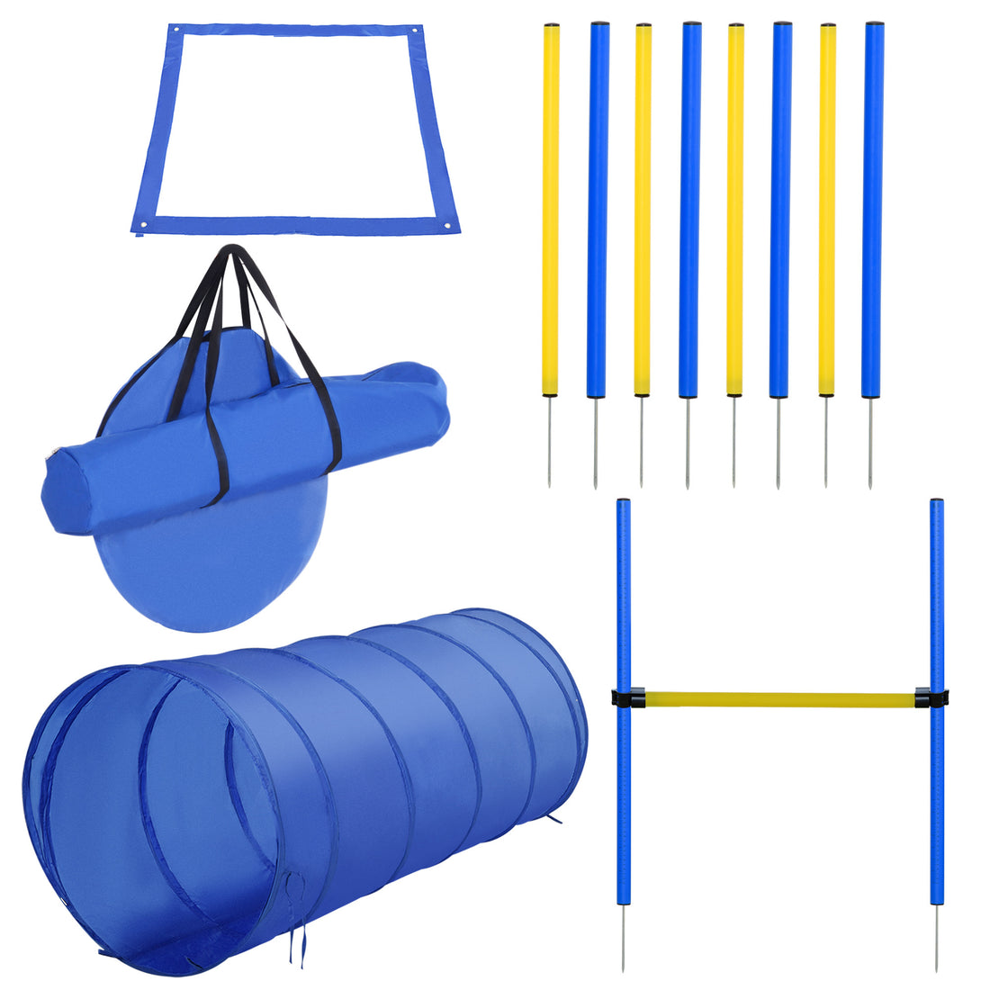 4Pc Obstacle Dog Agility Training Course With Jump Hurdle, Tunnel, Pause Box, Weave Poles And Carrying Bag, Backyard Competitive Equipment Blue Yellow Blue Polyester