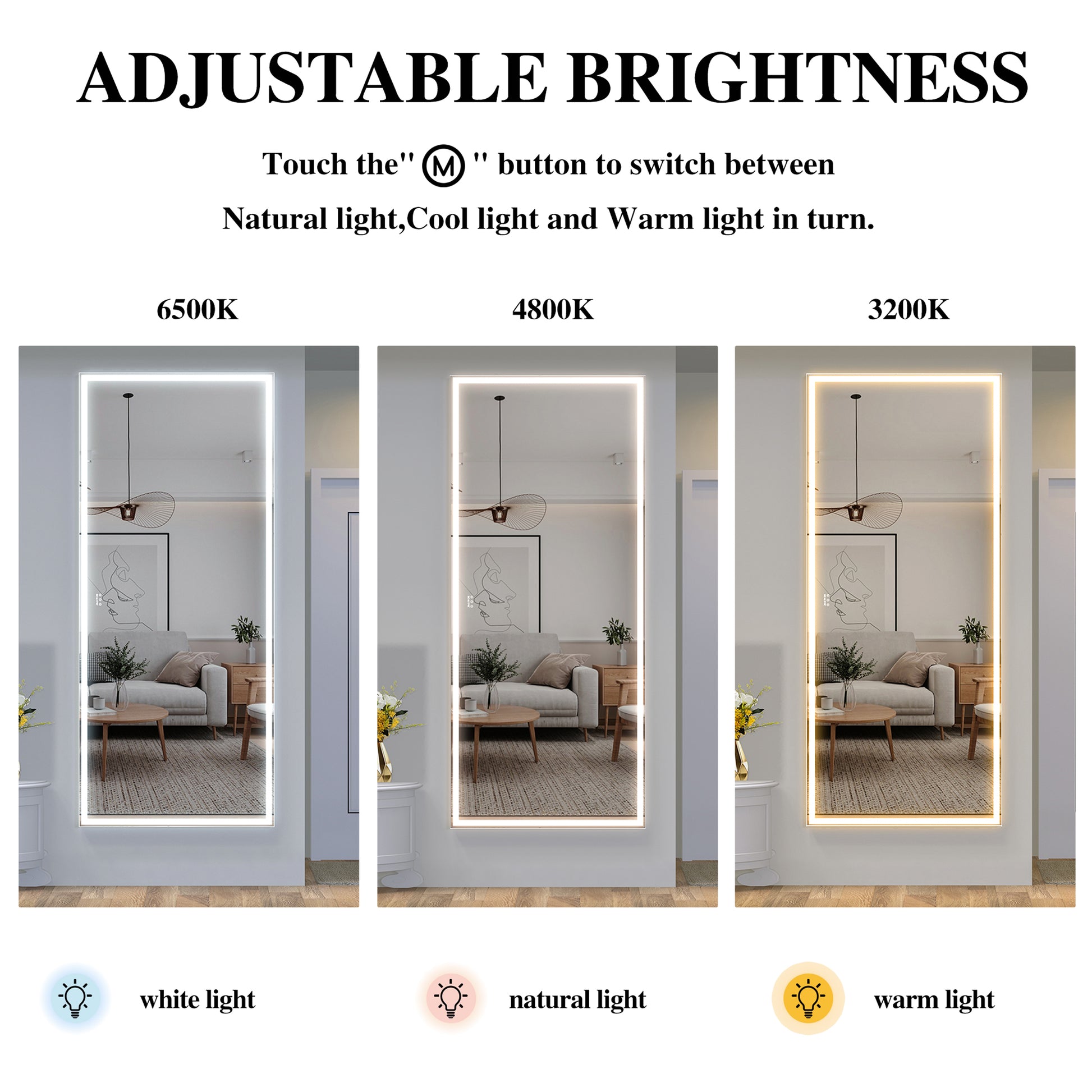 Extra Large Led Bathroom Mirror With 3 Color Aluminum Framed Wall Mirror Full Body Mirror With Lights, Vertical Horizontal Hanging Aluminum Framed Mirror For Bedroom Living Room, Silver, 84X36 Inches Silver Aluminium