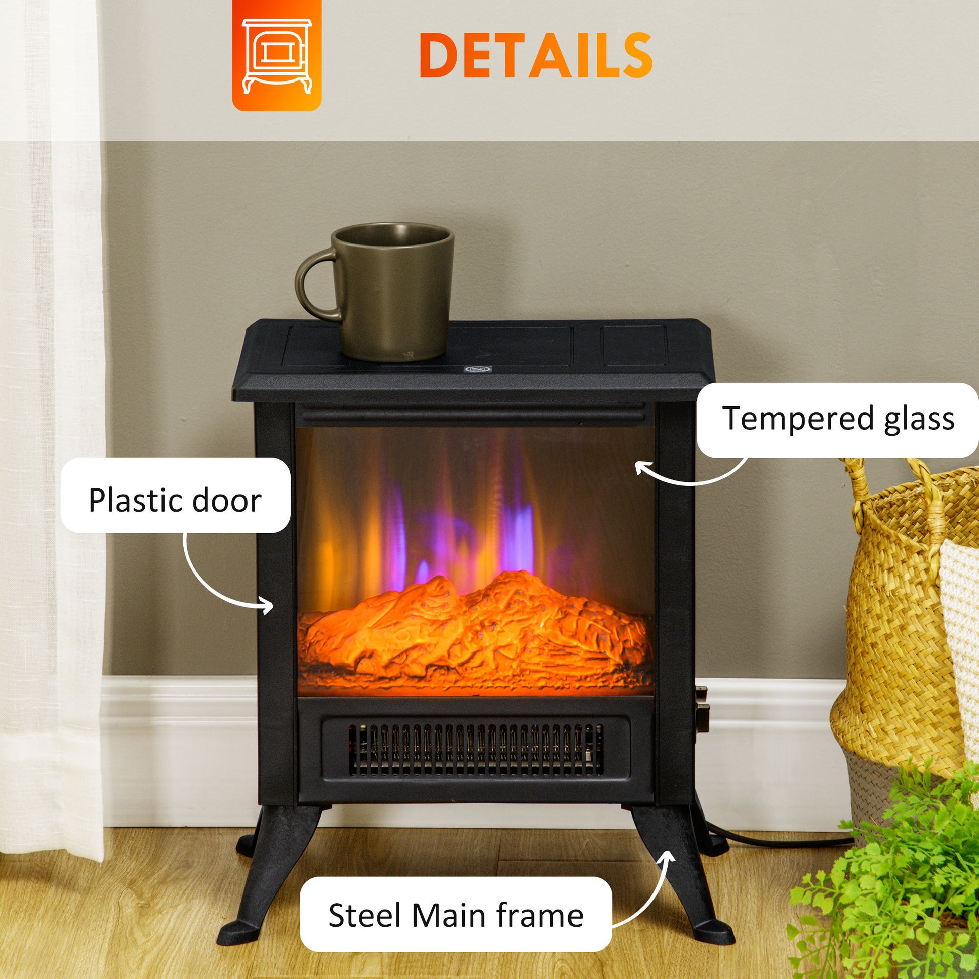 17" Electric Fireplace Stove With Two Heating Modes, Freestanding Fire Place Heater With Realistic Logs Led Flame, Adjustable Temperature, Overheat Protection, 750W 1500W, Black Black Polypropylene