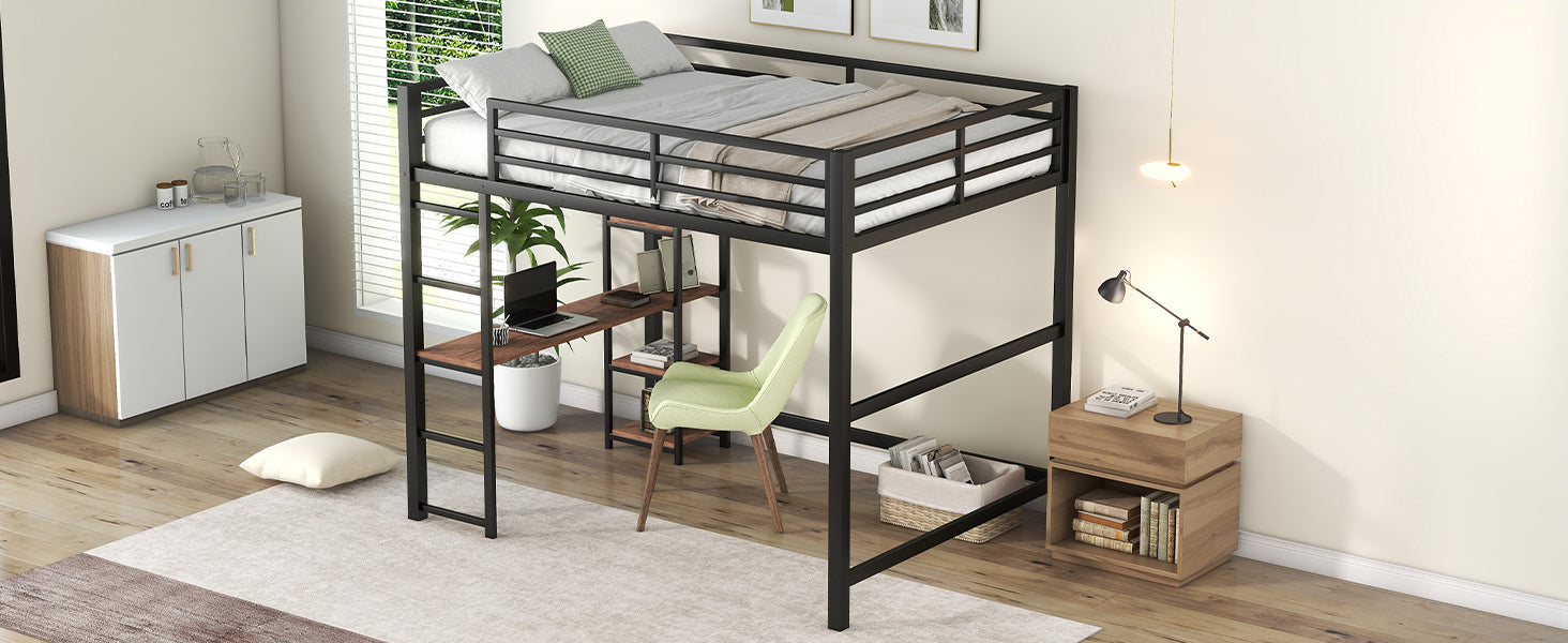 Full Size Metal Loft Bed With Built In Desk And Storage Shelves, Black Black Metal & Wood