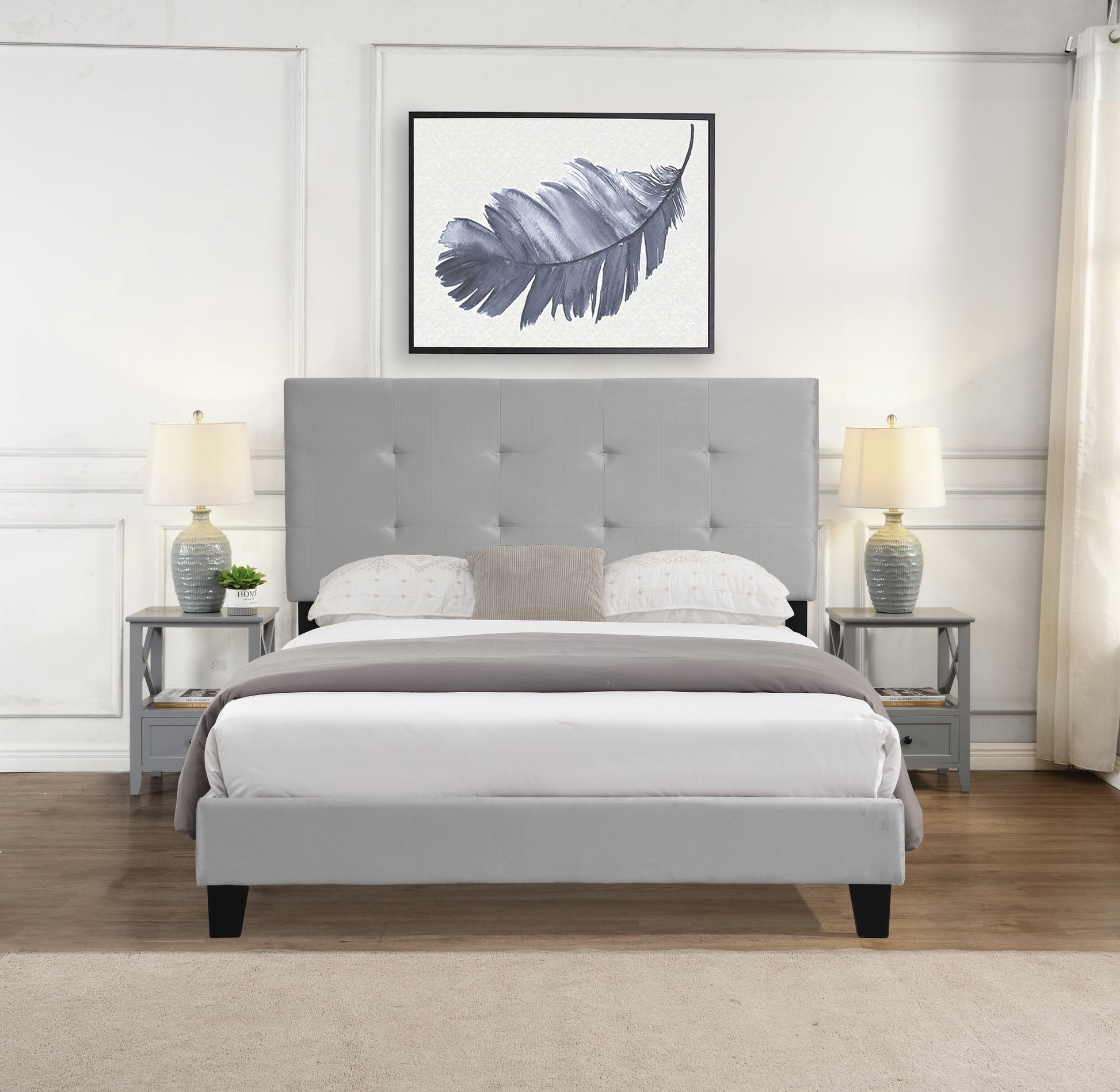 Queen Size Upholstered Platform Bed Frame With Pull Point Tufted Headboard, Strong Wood Slat Support, Mattress Foundation, No Box Spring Needed, Easy Assembly, Gray Gray Velvet