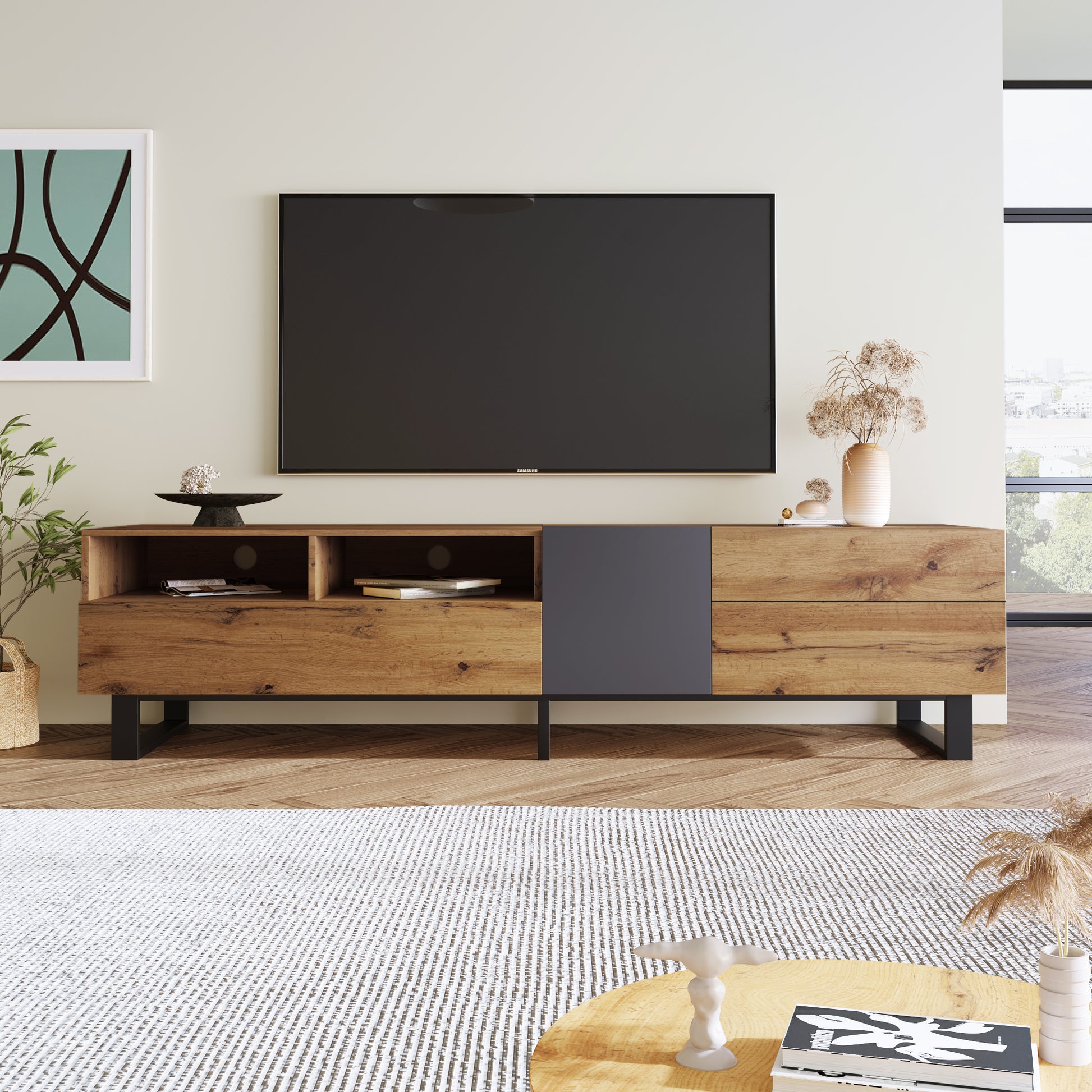 Modern Tv Stand For 80'' Tv With Double Storage Space, Media Console Table, Entertainment Center With Drop Down Door For Living Room, Bedroom, Home Theatre Wood Primary Living Space 70 79 Inches 70 79 Inches 75 Inches Mdf Metal