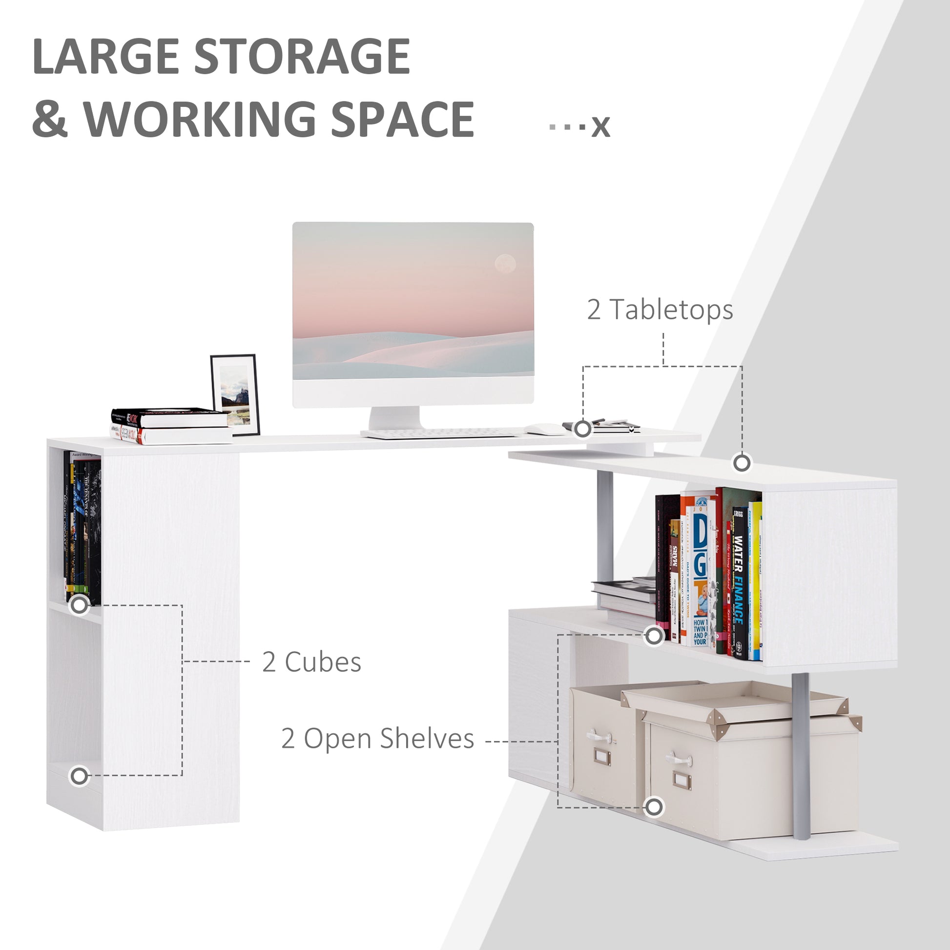 55" 360 Rotating Corner Computer Desk Modern L Shaped Home Office Workstation With 3 Tier Storage Shelves, Bookshelf, White White Engineered Wood