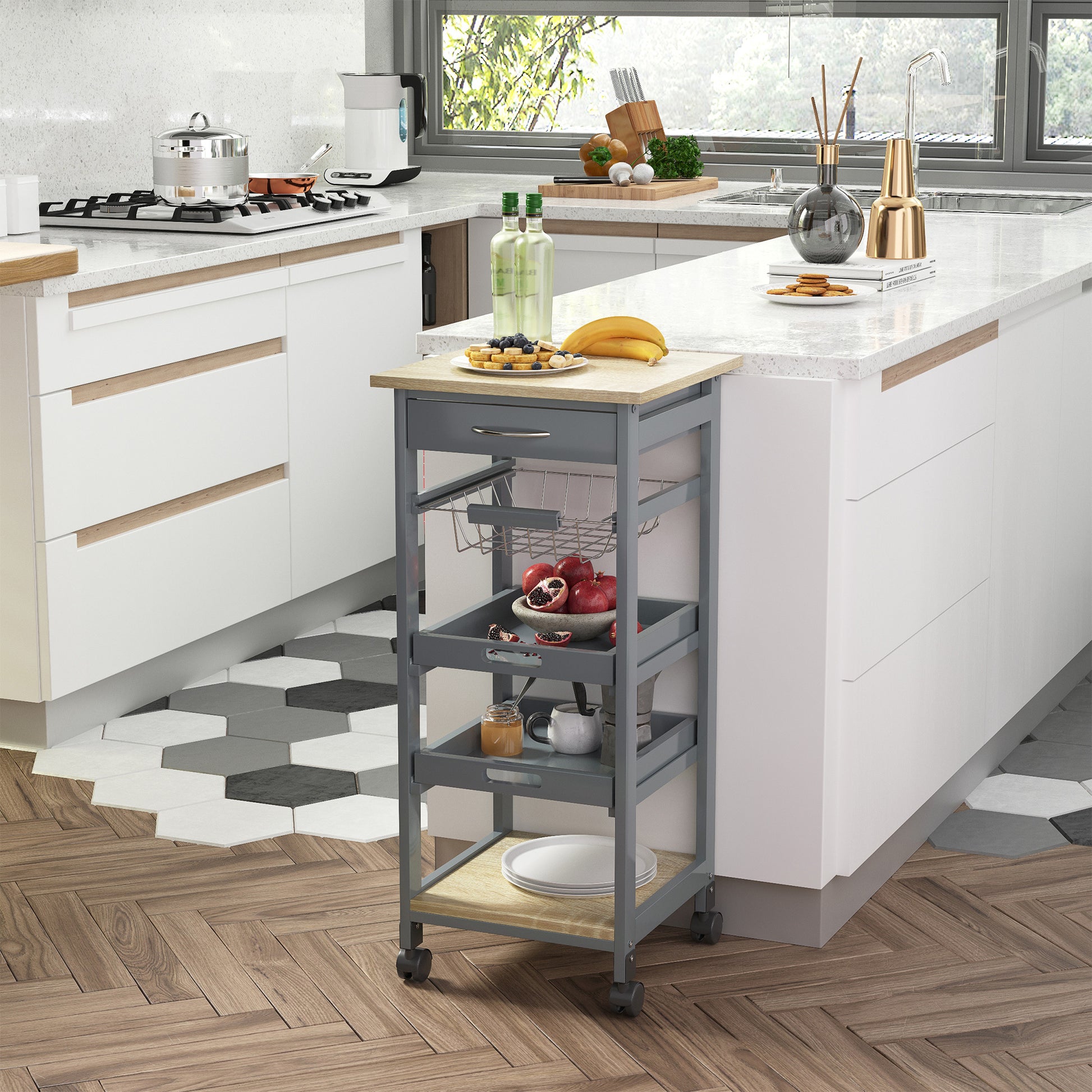 Mobile Rolling Kitchen Island Trolley Serving Cart With Underneath Drawer & Slide Out Wire Storage Basket, Grey Grey Mdf