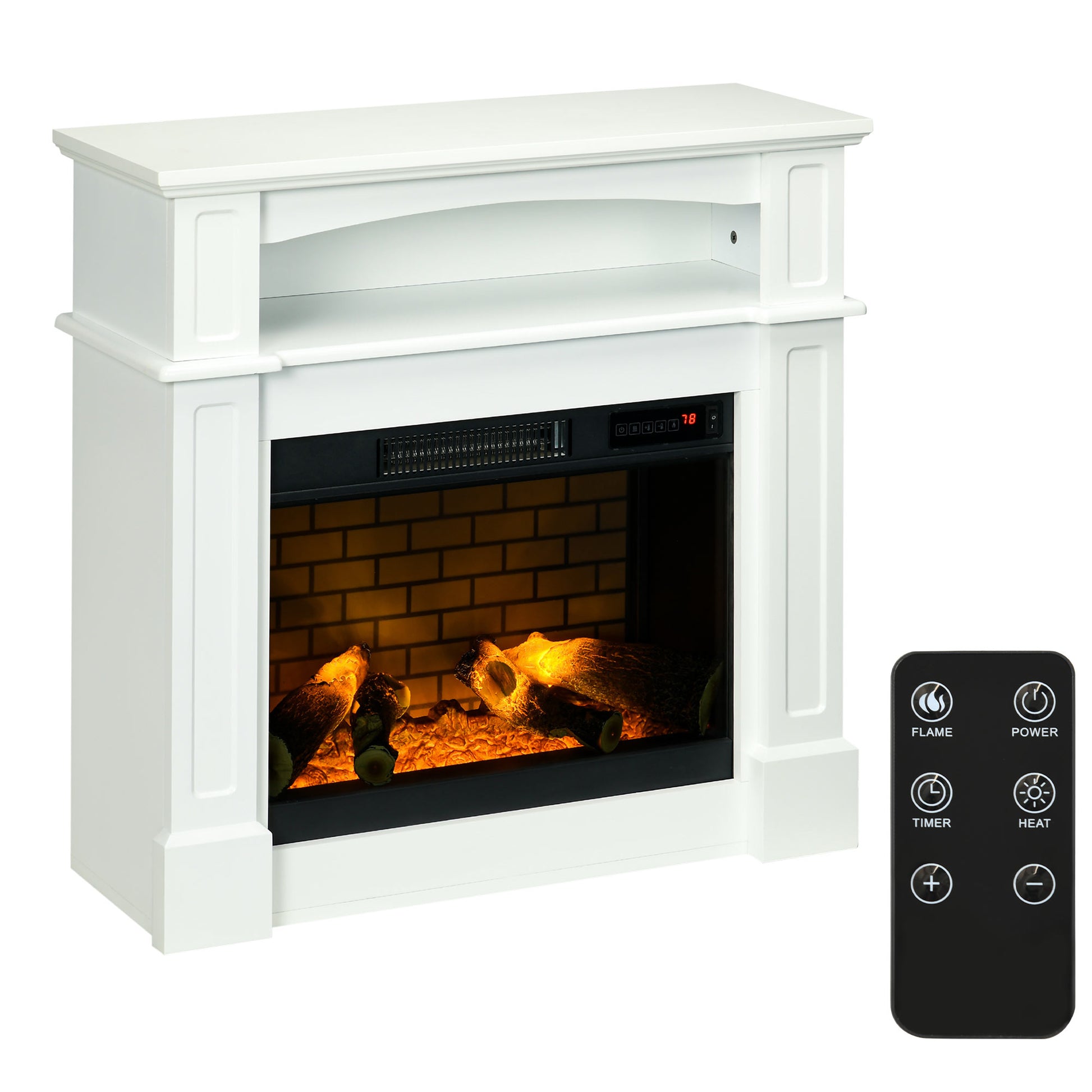 32" Electric Fireplace With Mantel, Freestanding Heater With Led Log Flame, Shelf And Remote Control, 700W 1400W, White White Steel