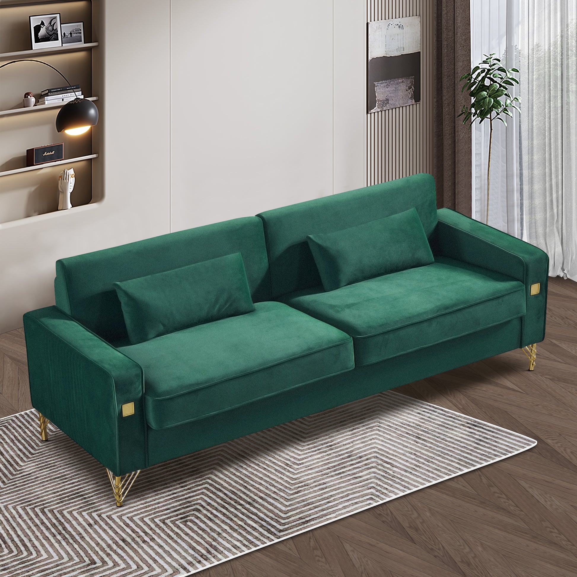 85.44" Modern Velvet Couch With Gold Legs,Upholstered Sofa For Living Room Green Wood Cushion Back Modern Eucalyptus Square Arms Velvet 2 Seat