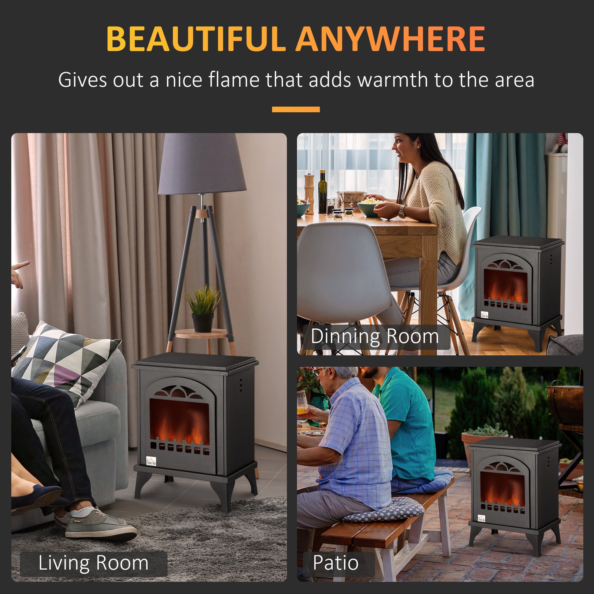 Ethanol Fireplace, 9.75" Freestanding Stove Heater 0.32 Gal Max 470 Sq. Ft., Burns Up To 3 Hours, Black Black Metal