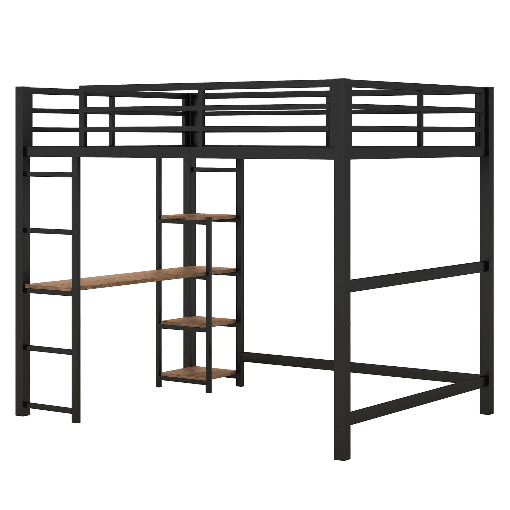 Full Size Metal Loft Bed With Built In Desk And Storage Shelves, Black Black Metal & Wood