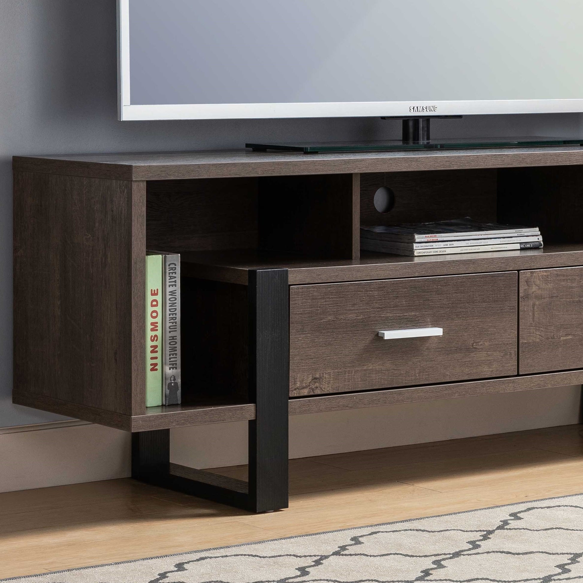 Modern Tv Stand With Three Shelves And Two Drawers Dark Brown & Black Walnut 60 69 Inches Particle Board