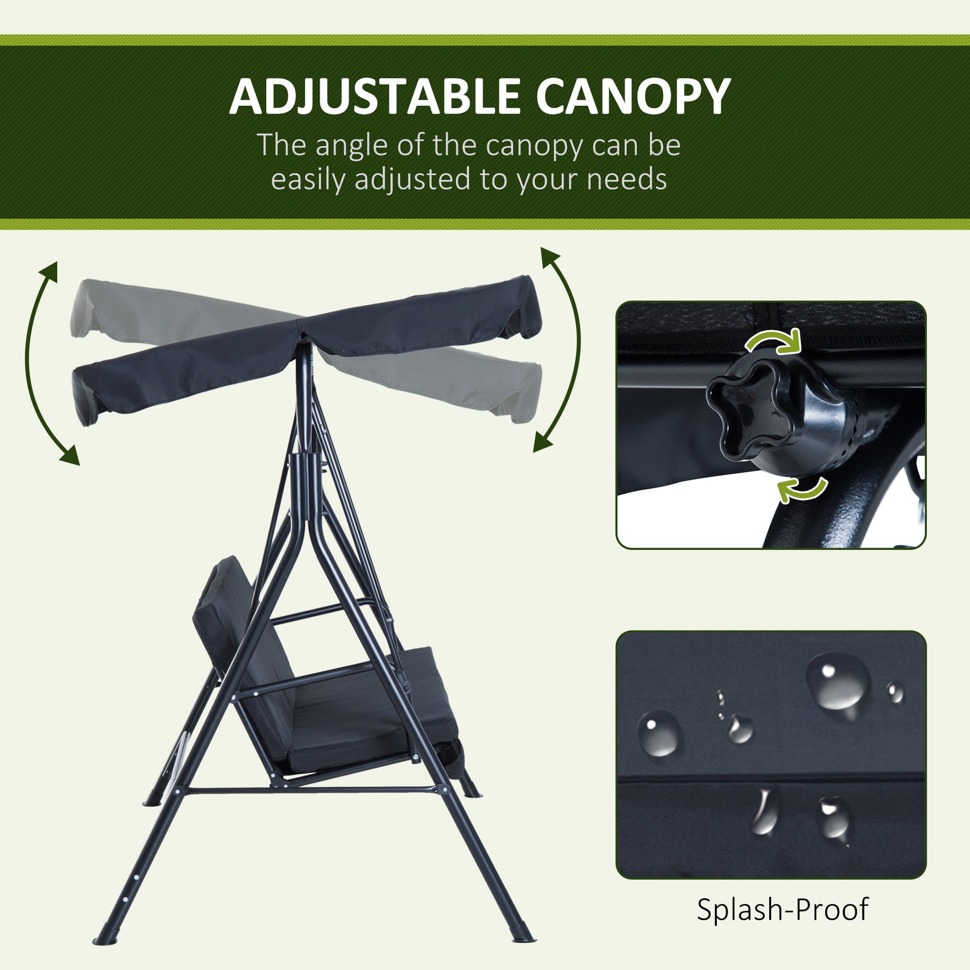 3 Seat Outdoor Patio Swing Chair With Removable Cushion, Steel Frame Stand And Adjustable Tilt Canopy For Patio, Garden, Poolside, Balcony, Backyard, Black Black Steel