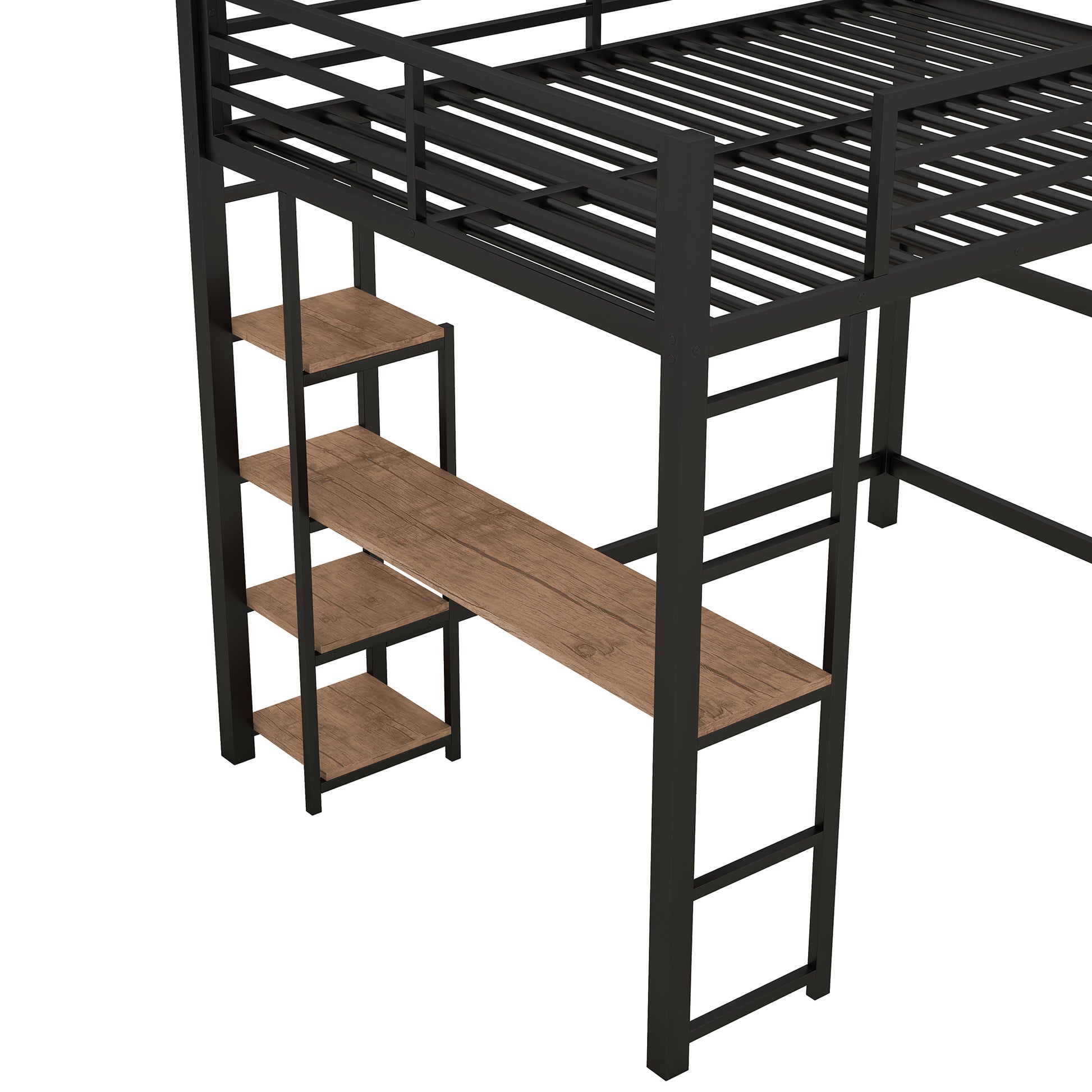 Full Size Metal Loft Bed With Built In Desk And Storage Shelves, Black Black Metal & Wood