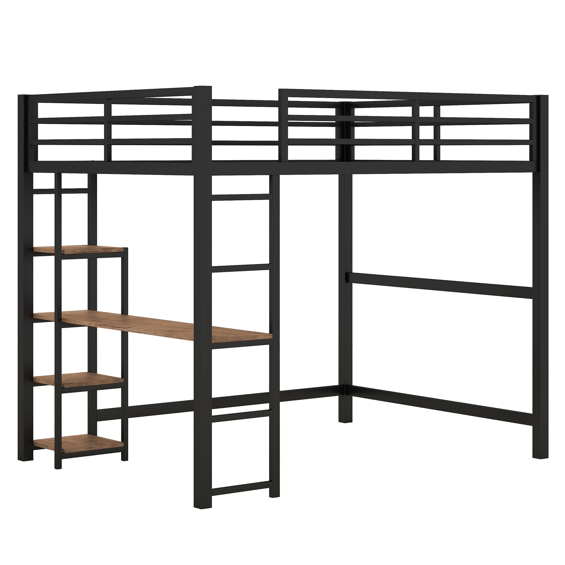 Full Size Metal Loft Bed With Built In Desk And Storage Shelves, Black Black Metal & Wood