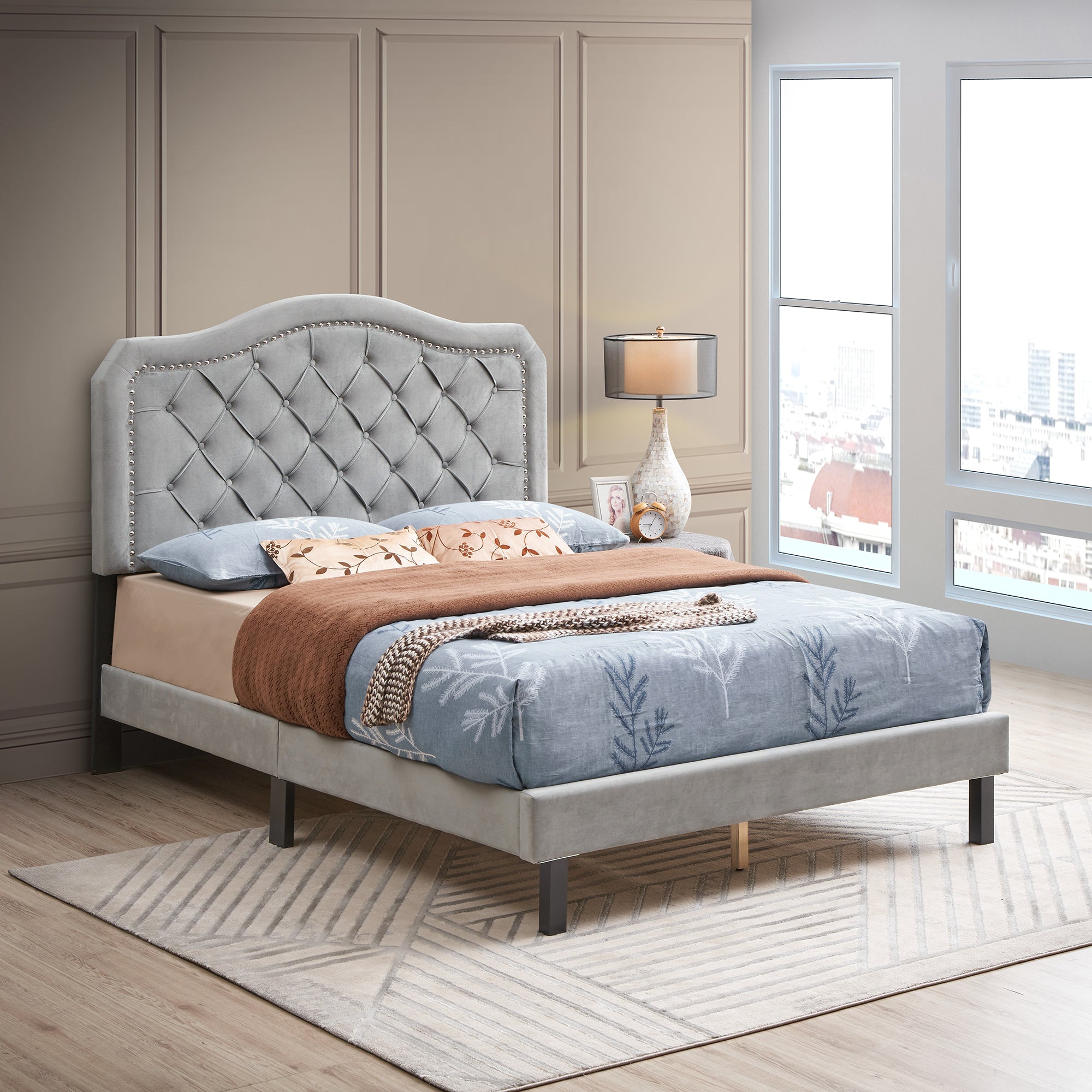 Upholstered Bed Button Tufted With Curve Design Strong Wood Slat Support Easy Assembly Gray Velvet Platform Bed Queen Gray Velvet