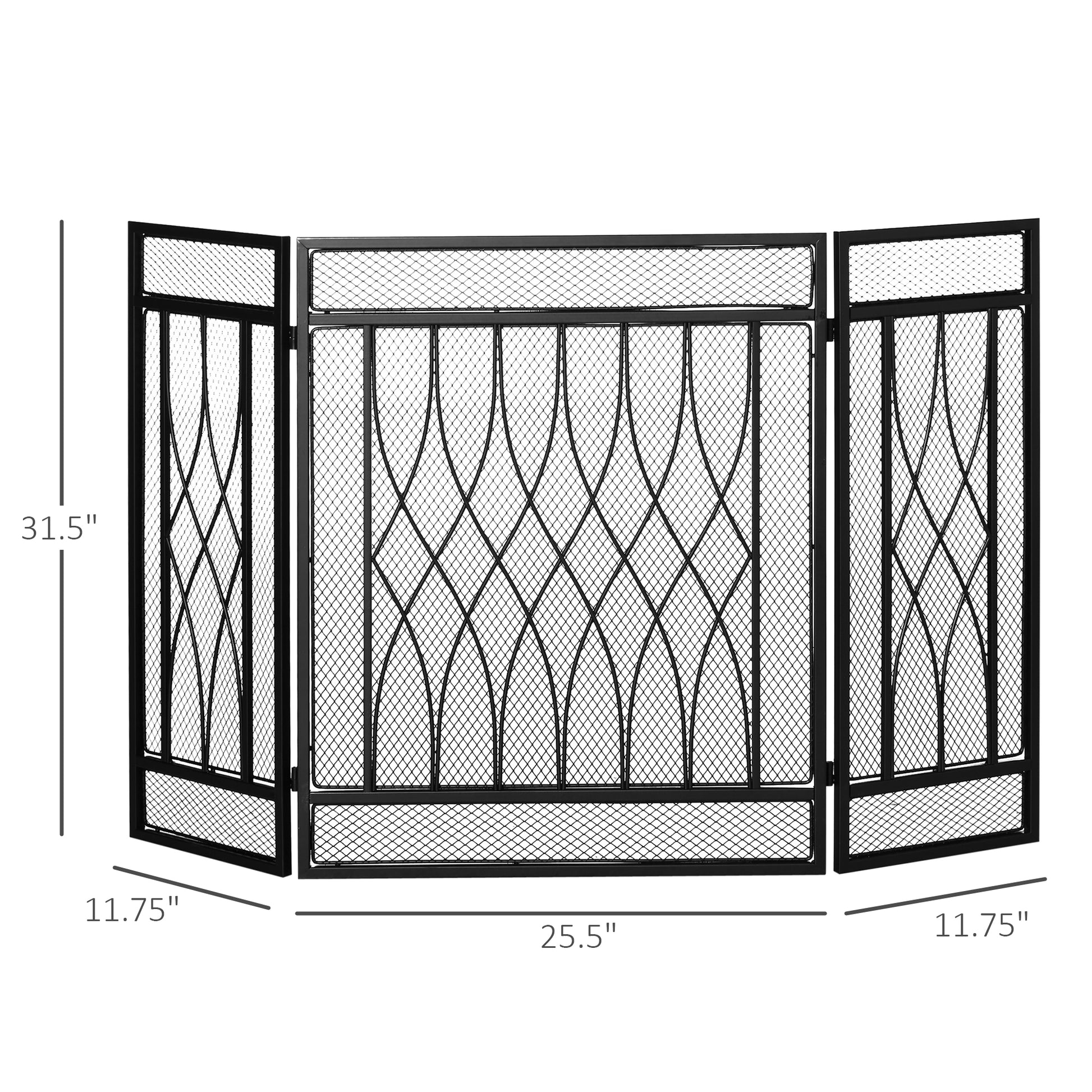 3 Panel Folding Fireplace Screen, Metal Mesh Fire Spark Guard For Wood Burning, 49.5" X 31.5", Black Black Metal