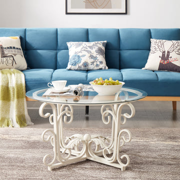 Glass Coffee Table With Sturdy Iron Leaf Shape Base, Leisure Cocktail Table With Tempered Glass Top For Living Room, Dining Room White White Glass Metal