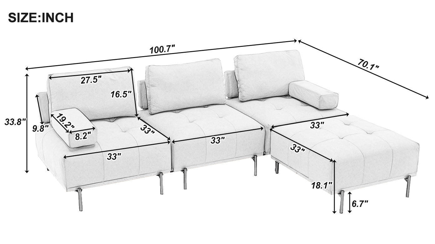 100.7'' L Shape Sectional Sofa 3 Seater Couches With A Removable Ottoman, Comfortable Fabric For Living Room, Apartment, Grey Grey Foam Palomino Fabric 4 Seat