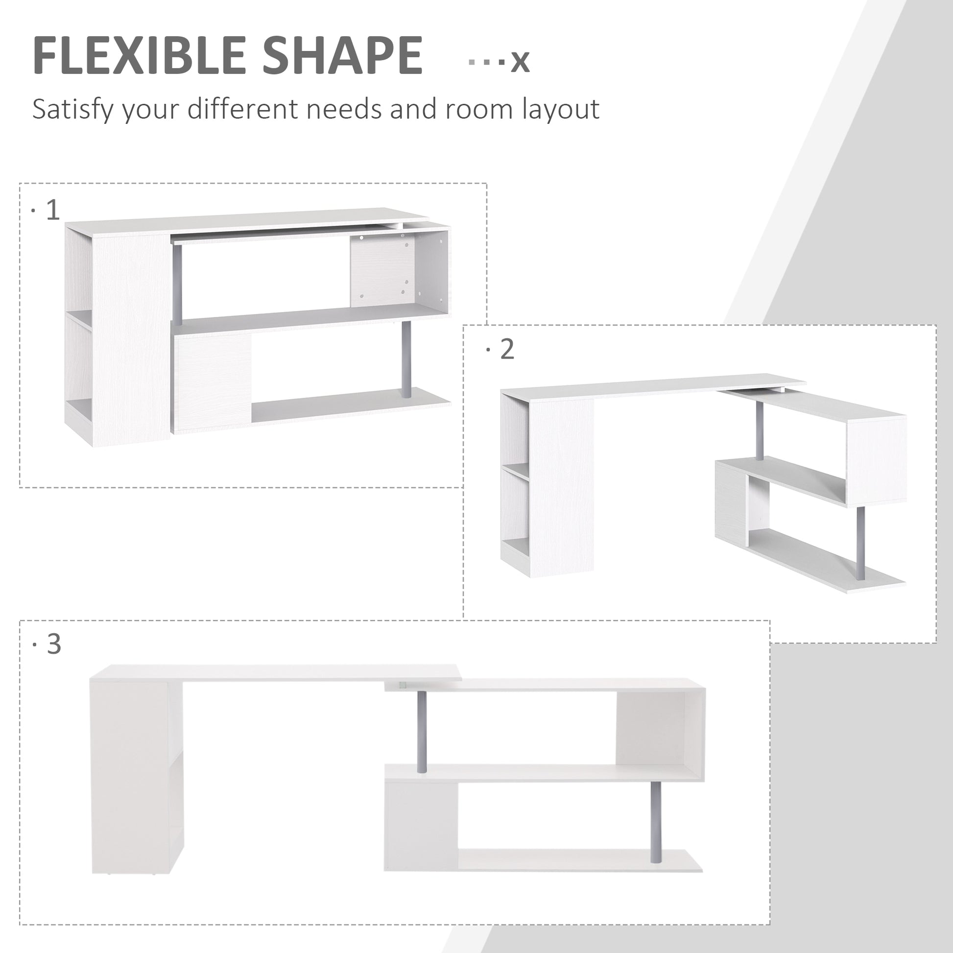 55" 360 Rotating Corner Computer Desk Modern L Shaped Home Office Workstation With 3 Tier Storage Shelves, Bookshelf, White White Engineered Wood