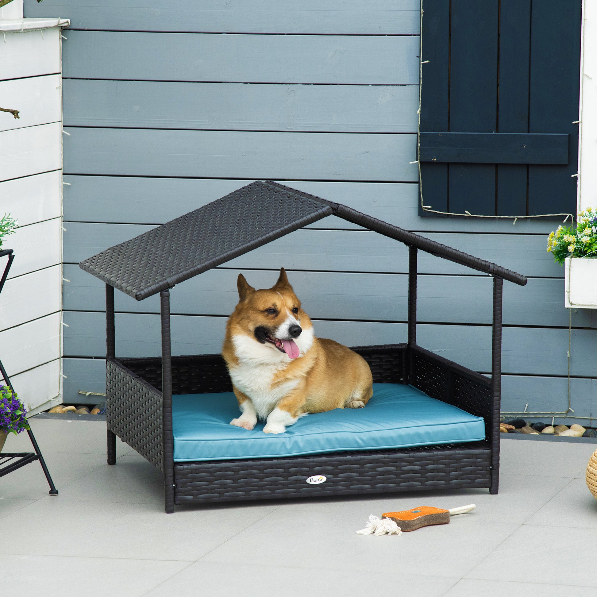 Wicker Dog House Elevated Raised Rattan Bed For Indoor Outdoor With Removable Cushion Lounge, Blue Blue Pe Rattan Iron Waterproof Fabric