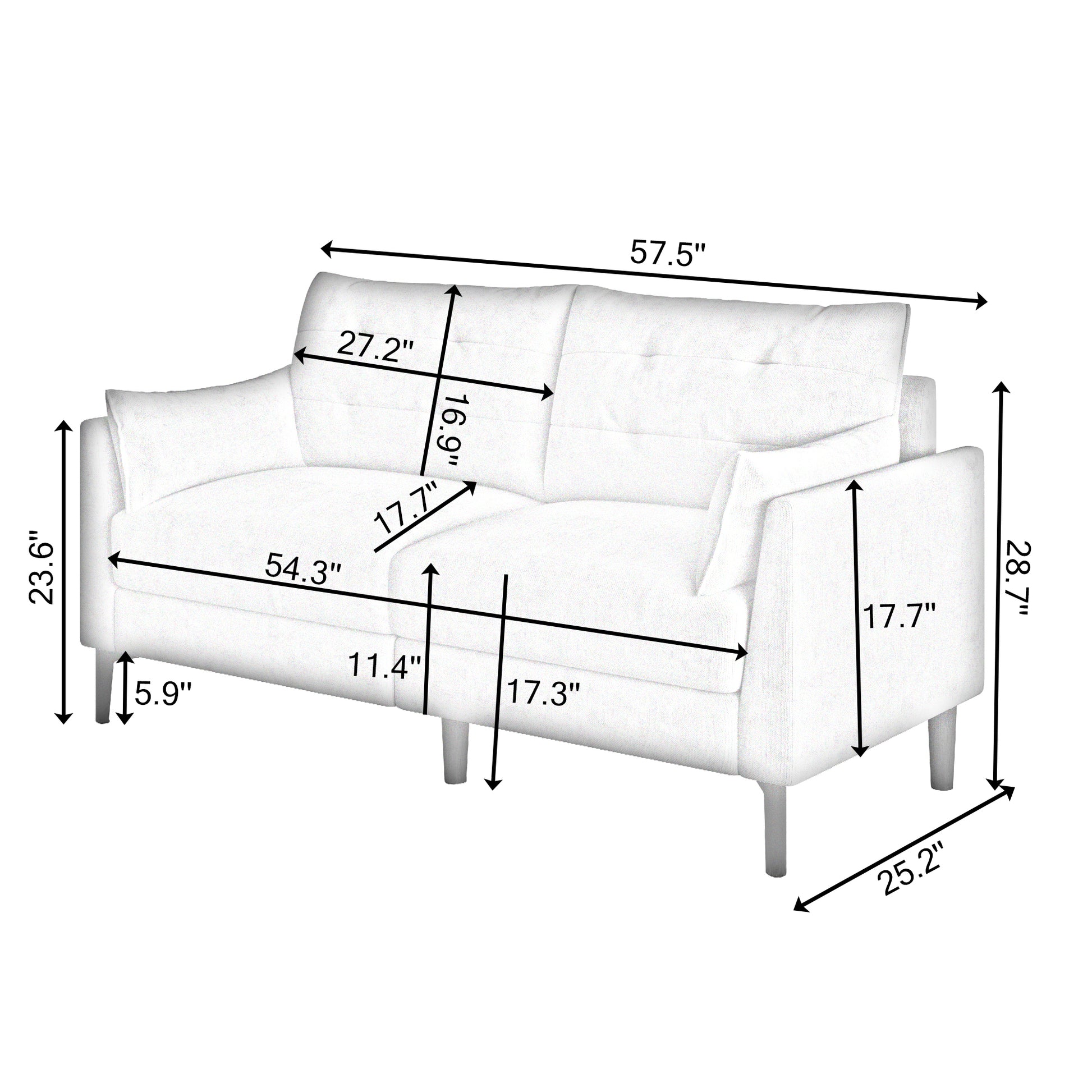 57.5 "Cotton Linen Light Grey Double Sofa Metal Feet Plastic Feet Thick Cushion With Two Armrests Light Grey Polyester Blend