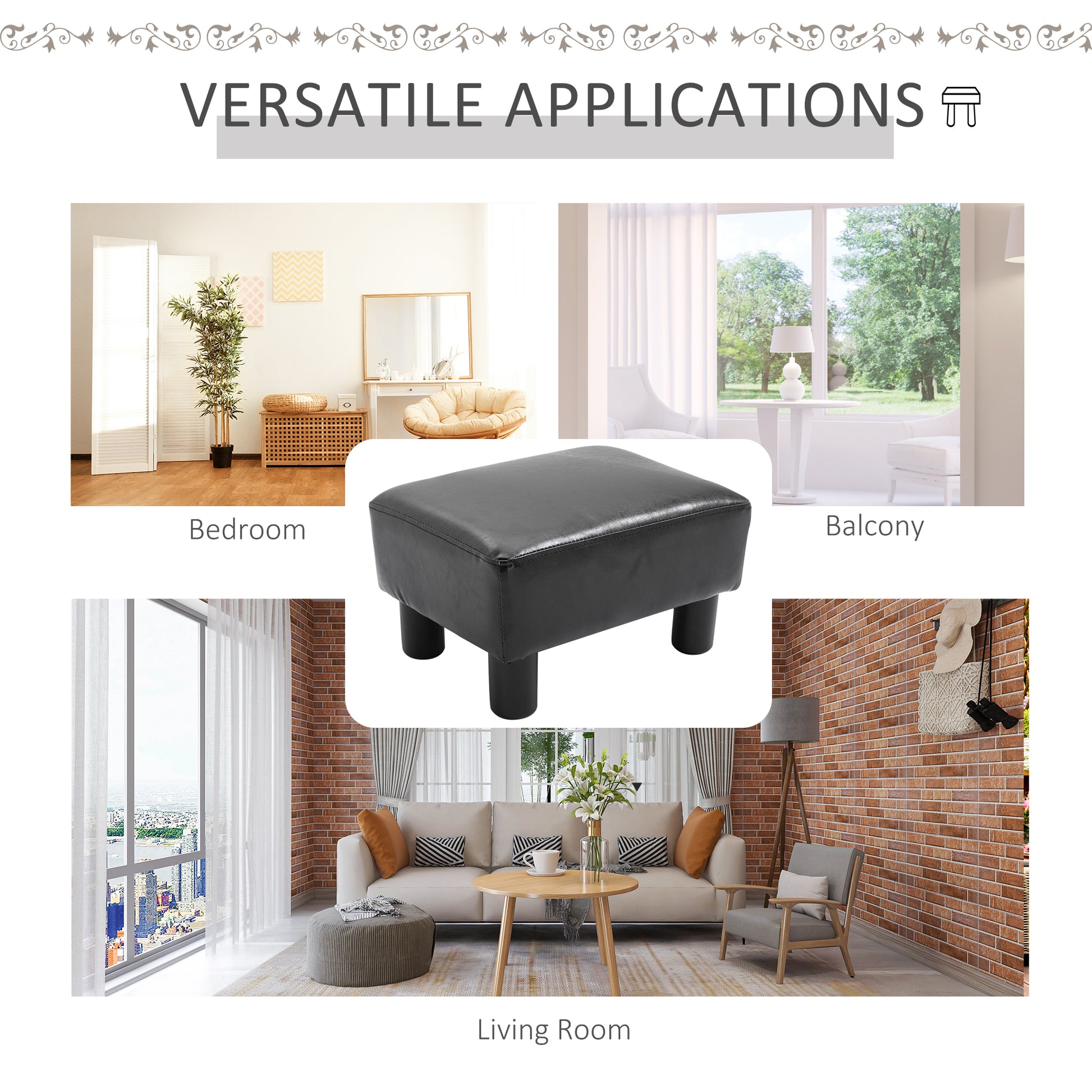Ottoman Foot Rest, Small Foot Stool With Faux Leather Upholstery, Rectangular Ottoman Footrest With Padded Foam Seat And Plastic Legs, Bright Black Black Faux Leather