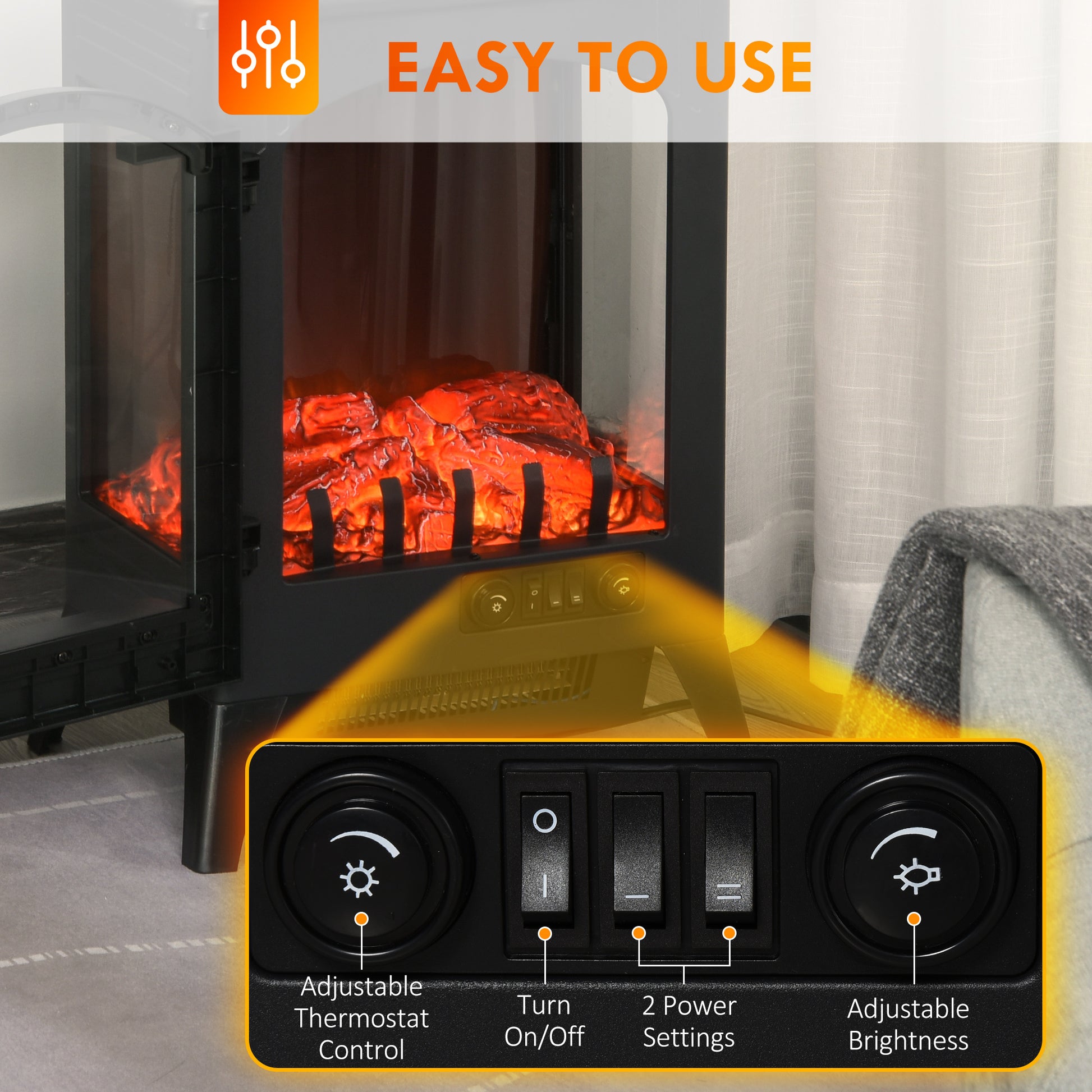 23" Electric Fireplace Heater, Fire Place Stove With Realistic Led Flames And Logs And Overheating Protection, 750W 1500W, Black Black Metal