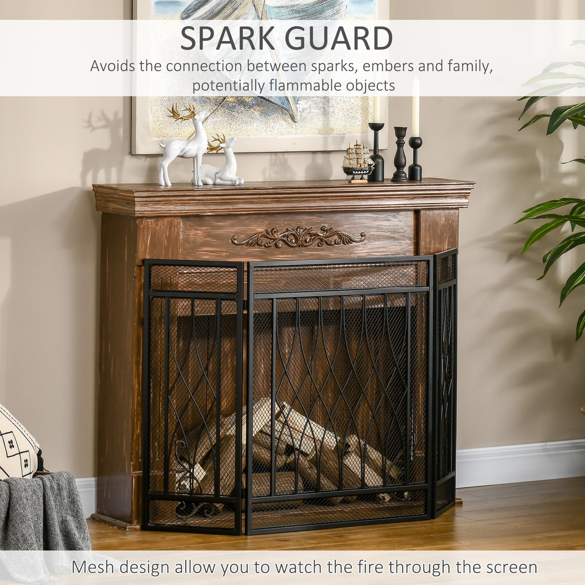 3 Panel Folding Fireplace Screen, Metal Mesh Fire Spark Guard For Wood Burning, 49.5" X 31.5", Black Black Metal