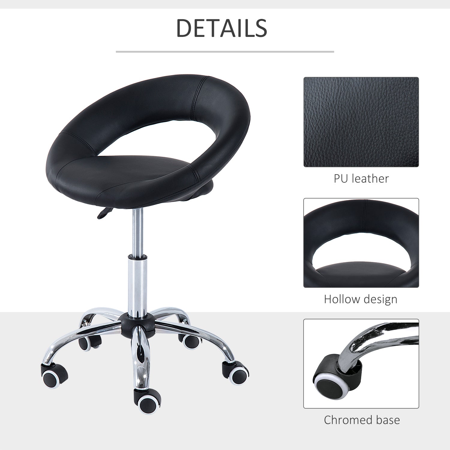 Crescent Rolling Salon Stool With Adjustable Height,Open Back, Foam Cushion Seat, And 5 Caster Wheels, Black Black Faux Leather