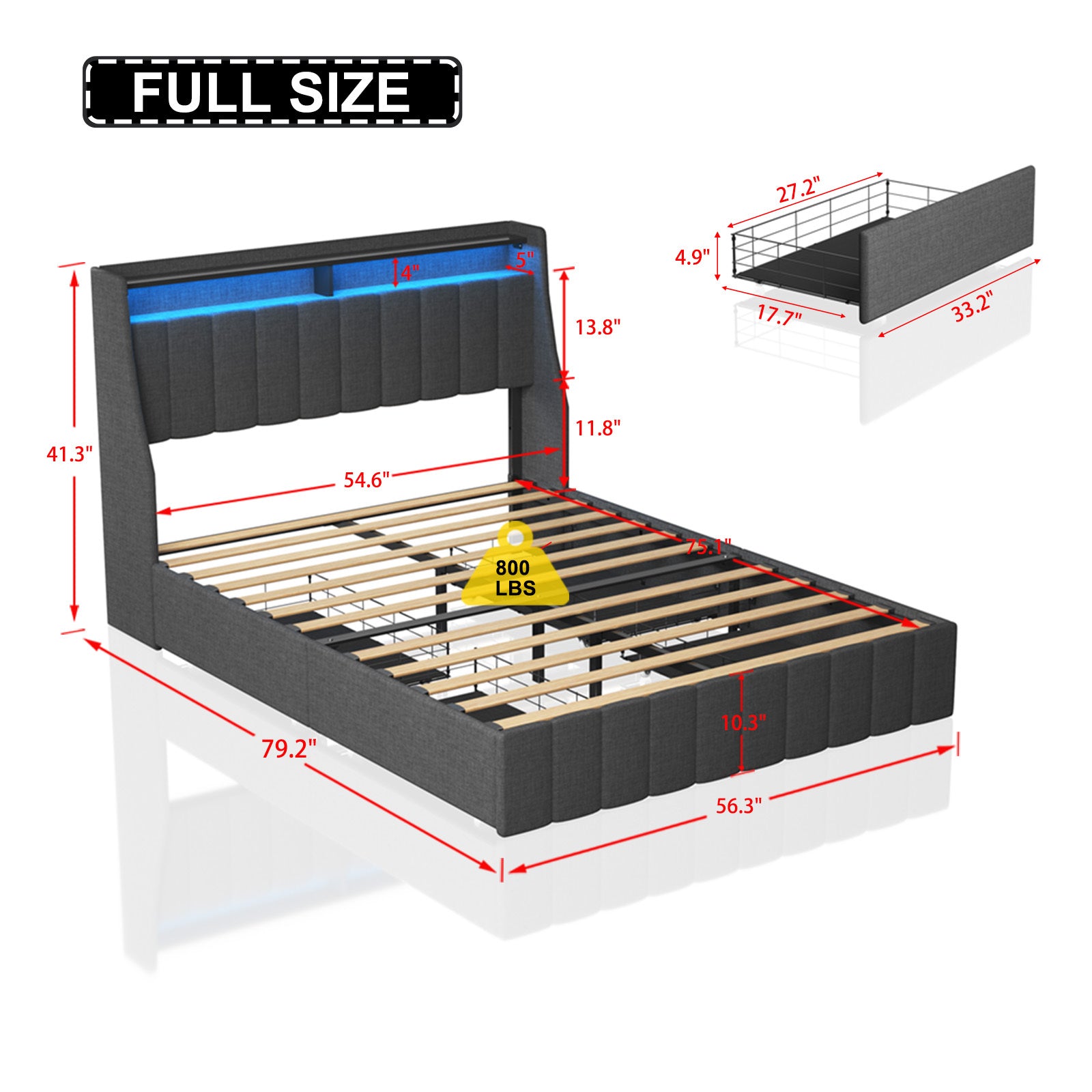 Queen Size Bed Frame With Led, 4 Under Bed Portable Storage Drawers, Wings Headboard Design, Dark Grey Box Spring Not Required Queen Dark Grey Metal Bedroom Bed Frame Upholstered Linen Upholstered