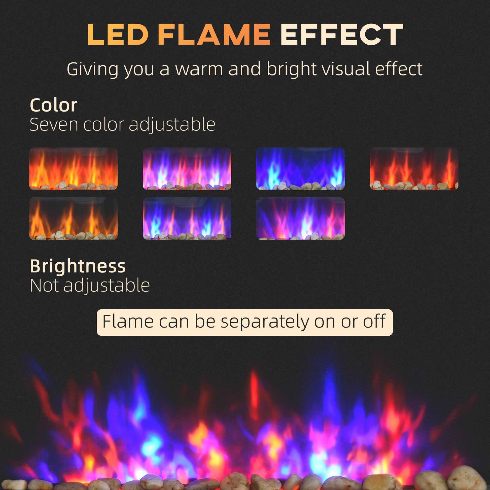 36" 1500W Electric Wall Mounted Fireplace With Flame Effect, 7 Color Background Light And Side Light, Black Black Metal