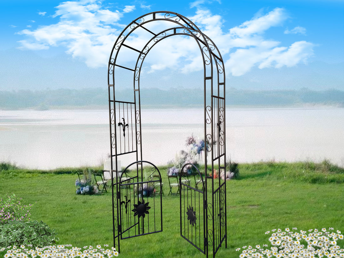 Metal Garden Arch With Doors Garden Arbor Trellis Climbing Plants Support Arch Outdoor Arch Wedding Arch Party Events Archway Black Black Iron