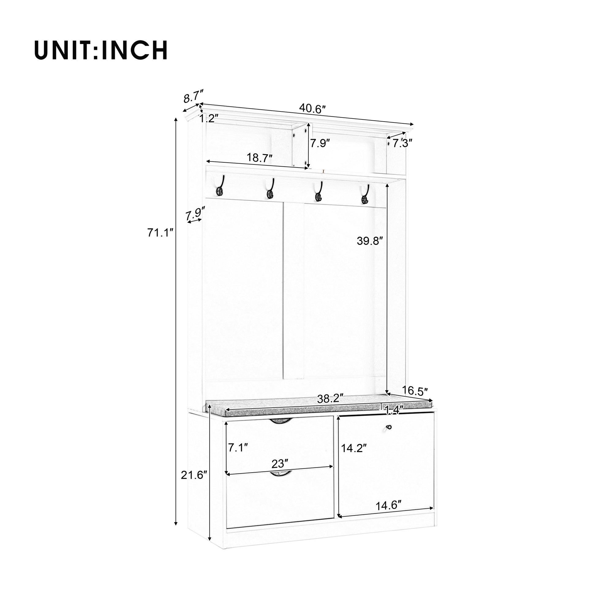 5 In 1 Entryway Bench With Coat Rack, Cushion And 4 Sturdy Hooks, 40.6'' Wide Hall Tree With Shoe Storage Bench For Hallway, Entryway, Living Room White Particle Board