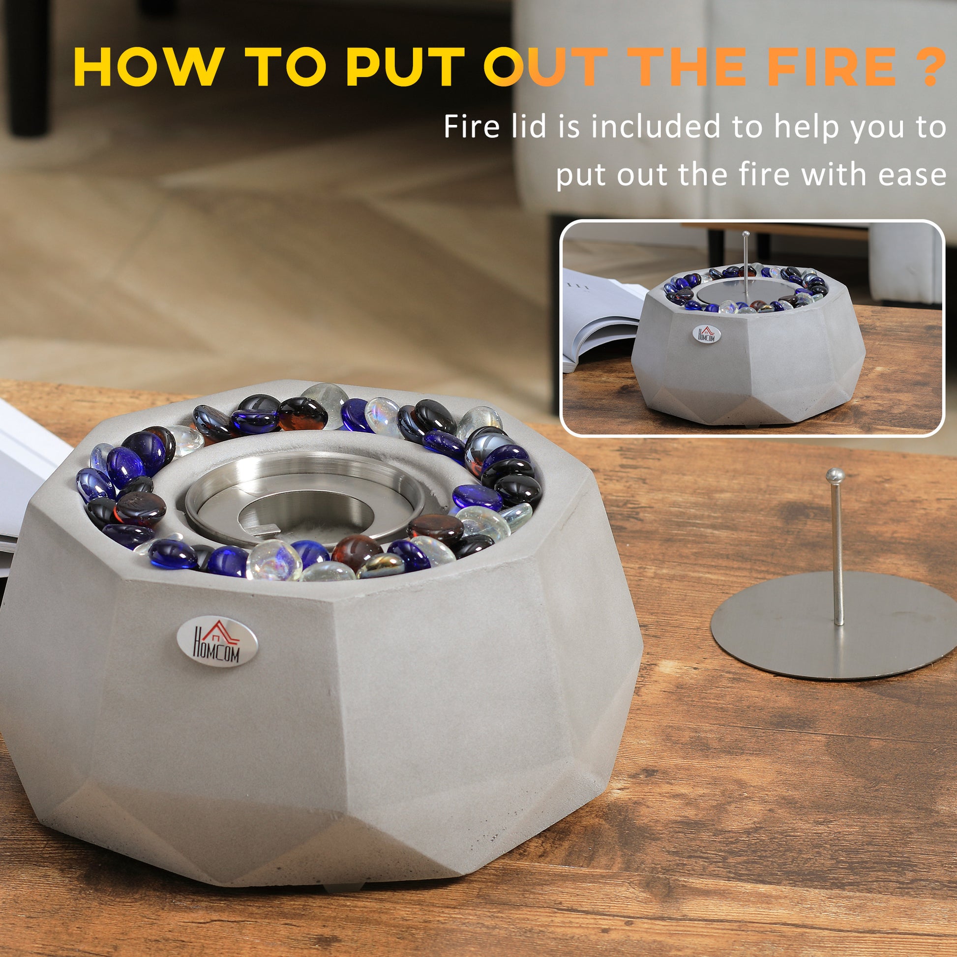 Concrete Tabletop Fireplace, 9" Portable Alcohol Fireplace With Lid For Indoor And Outdoor, 0.1 Gal Max 215 Sq. Ft., Burns Up With Liquid Alcohol And Solid Alcohol, Light Grey Light Grey Concrete
