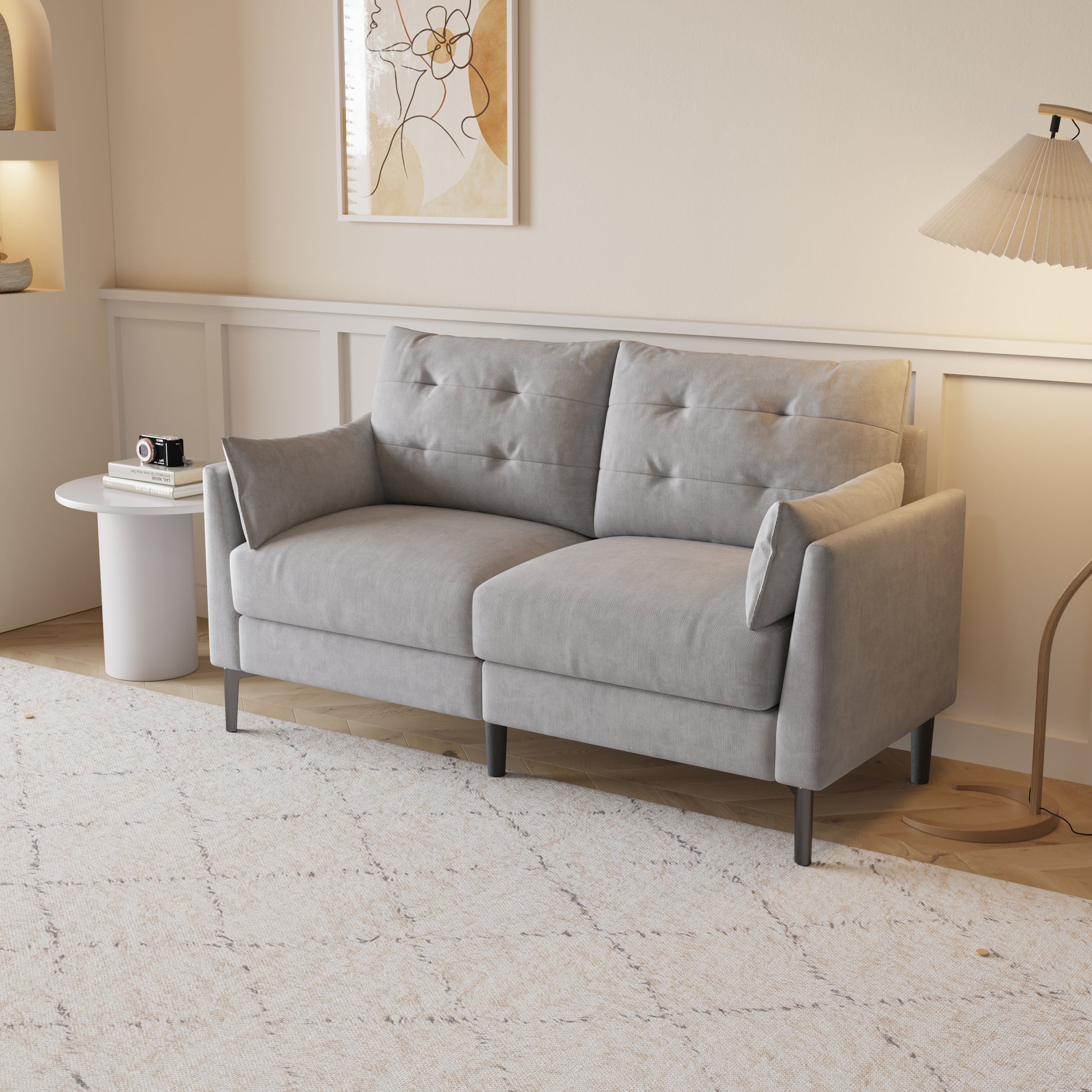 57.5 "Cotton Linen Light Grey Double Sofa Metal Feet Plastic Feet Thick Cushion With Two Armrests Light Grey Polyester Blend