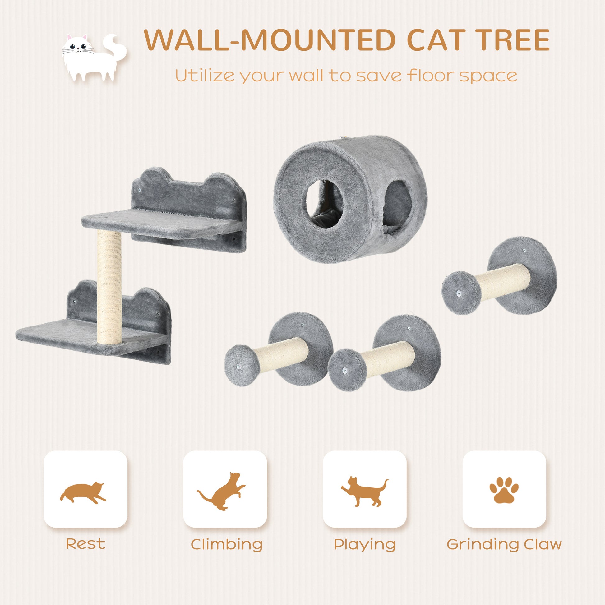 5Pcs Cat Wall Shelves, Pet Wall Mounted Climbing Shelf Set, Kitten Activity Center With Condo, Cushion, Scratching Post, Jumping Platform, Brown Gray Particle Board