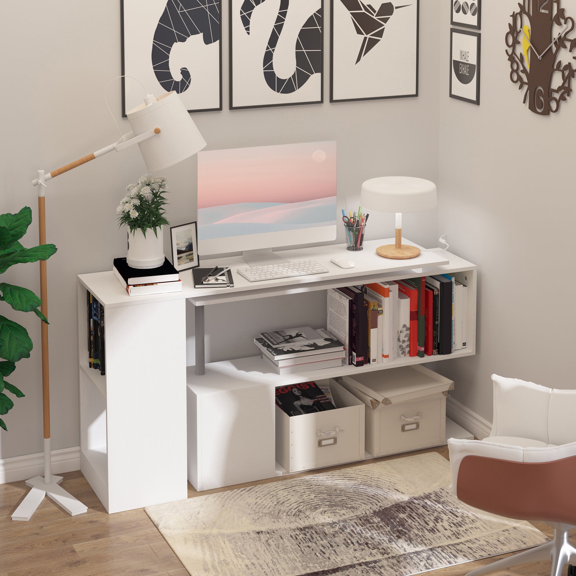 55" 360 Rotating Corner Computer Desk Modern L Shaped Home Office Workstation With 3 Tier Storage Shelves, Bookshelf, White White Engineered Wood