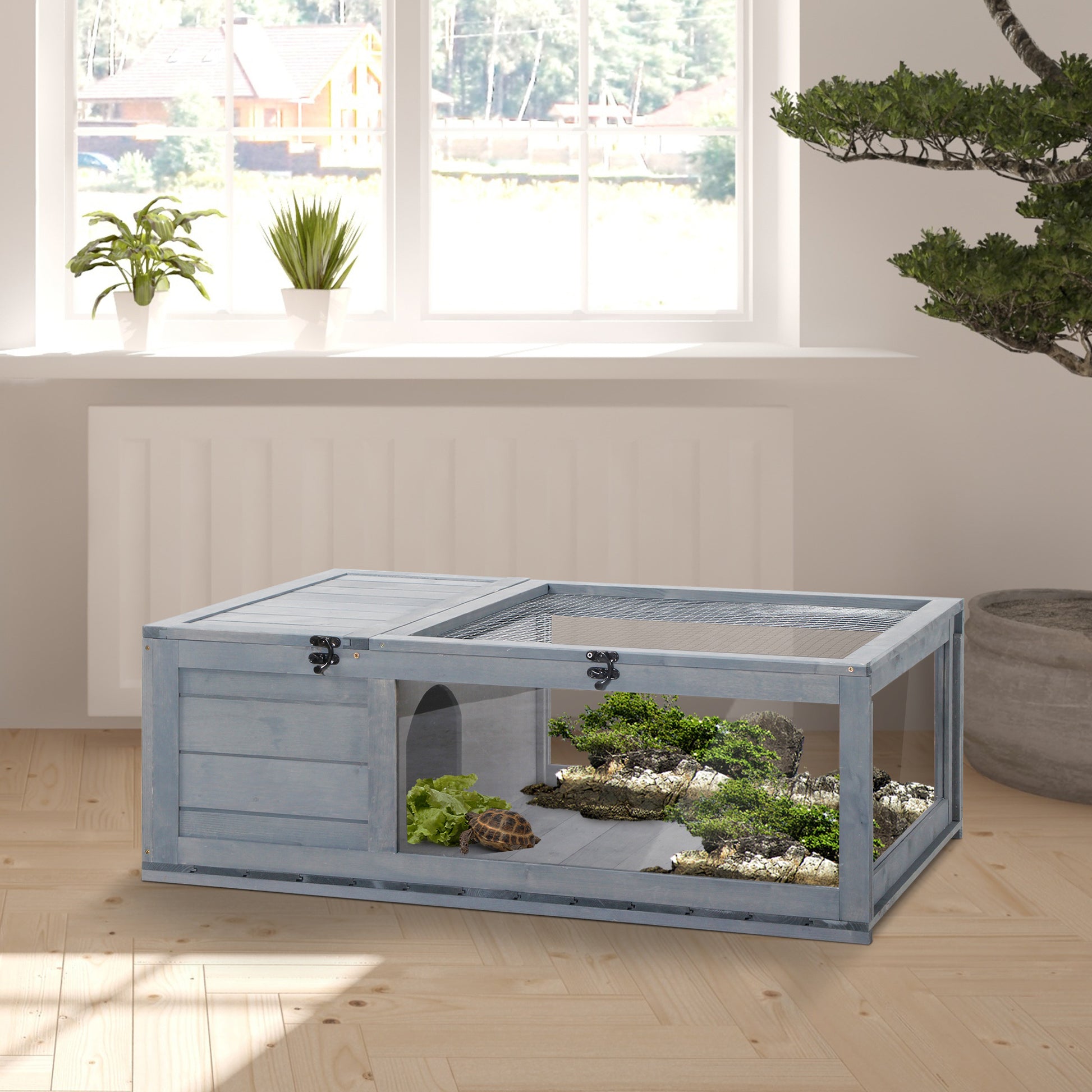 Wooden Tortoise House Indoor Turtle Habitat Enclosure Outdoor Reptile Cage For Lizards, Geckos, Gray Gray Wood