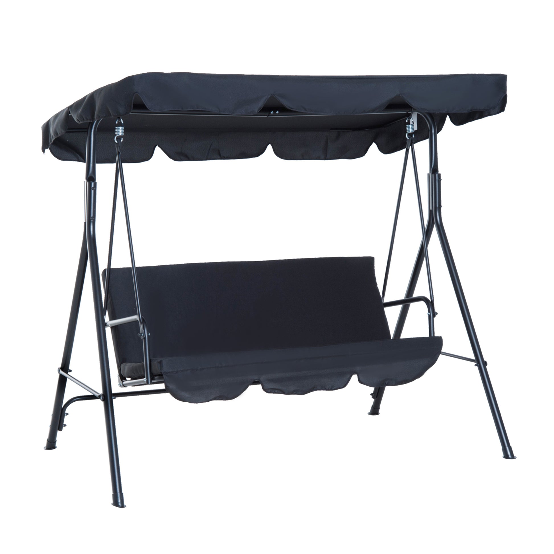 3 Seat Outdoor Patio Swing Chair With Removable Cushion, Steel Frame Stand And Adjustable Tilt Canopy For Patio, Garden, Poolside, Balcony, Backyard, Black Black Steel