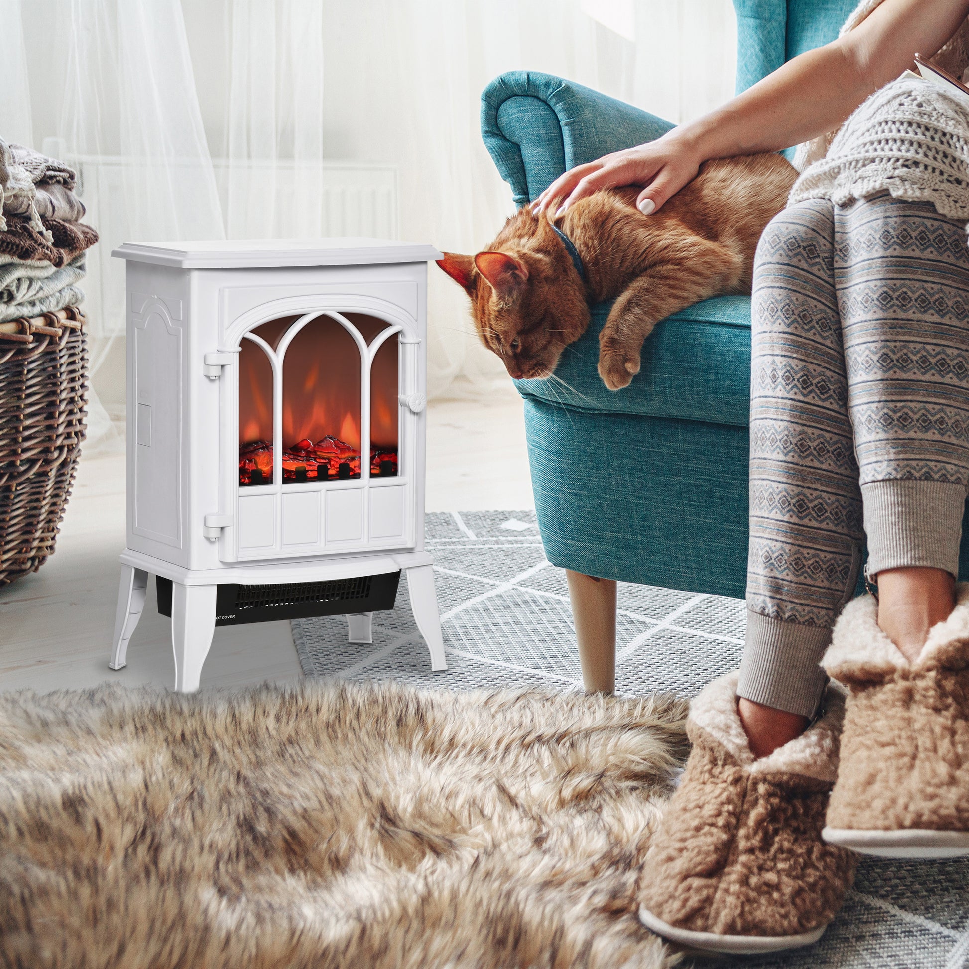22" Electric Fireplace Stove, Freestanding Fire Place Heater With Realistic Logs And Led Flame, Adjustable Temperature, Overheat Protection, 750W 1500W, White White Tempered Glass