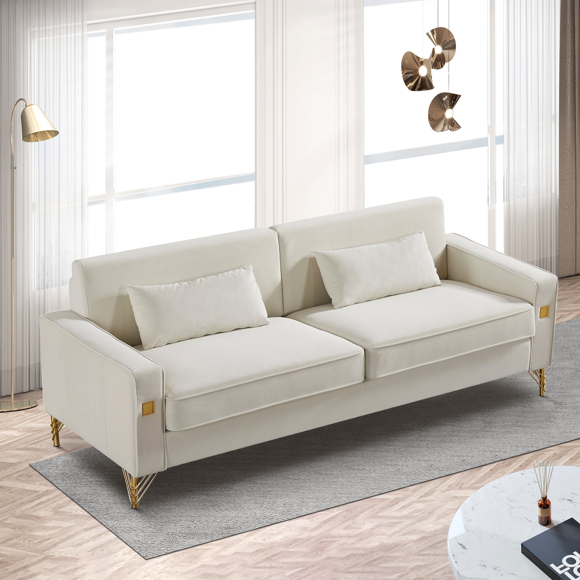 85.44" Modern Velvet Couch With Gold Legs,Upholstered Sofa For Living Room White Cushion Back Modern Eucalyptus Square Arms Velvet