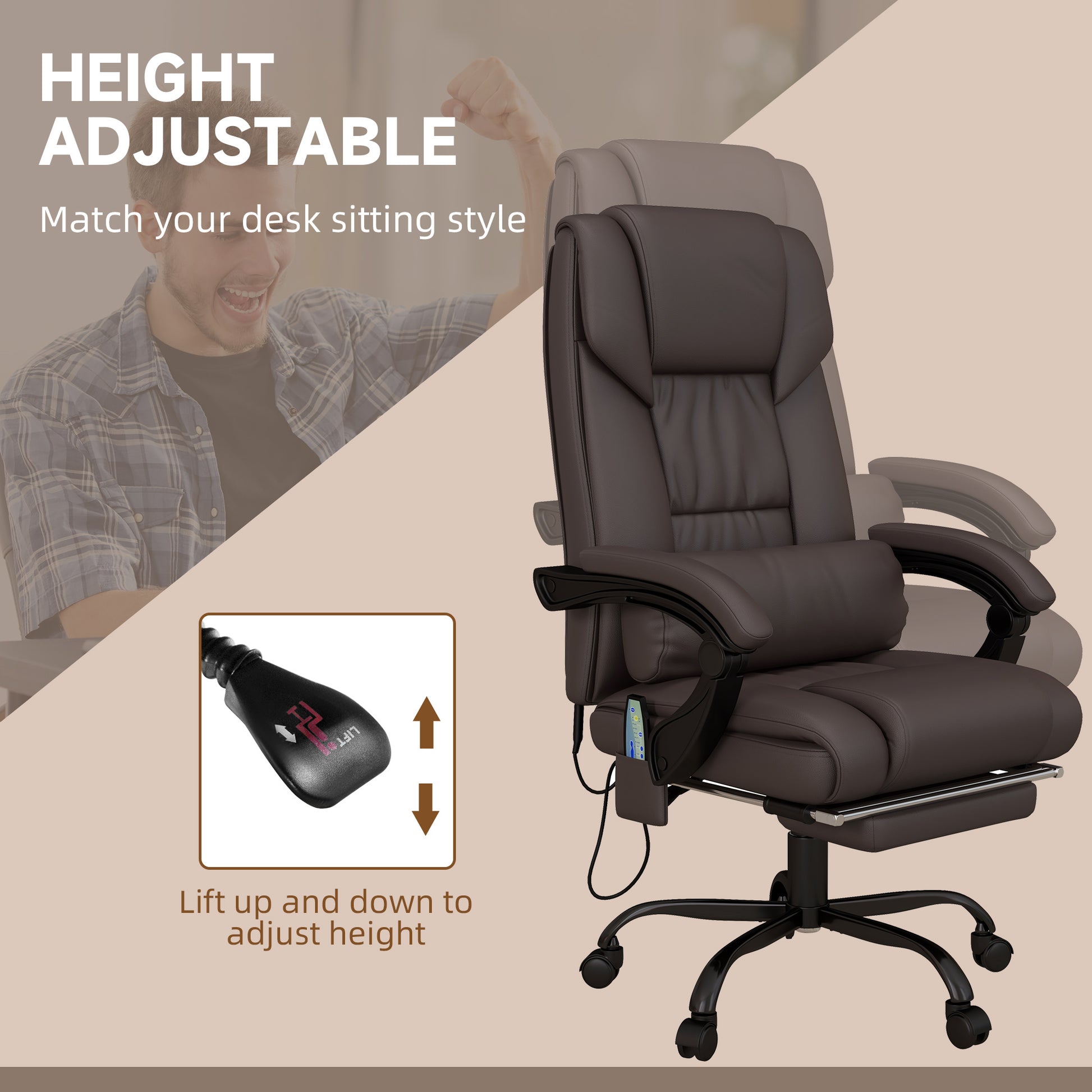 High Back Vibration Massage Office Chair With 6 Points, Hight Adjustable Computer Desk Chair, Reclining Office Chair With Retractable Footrest And Remote, Brown Brown Faux Leather