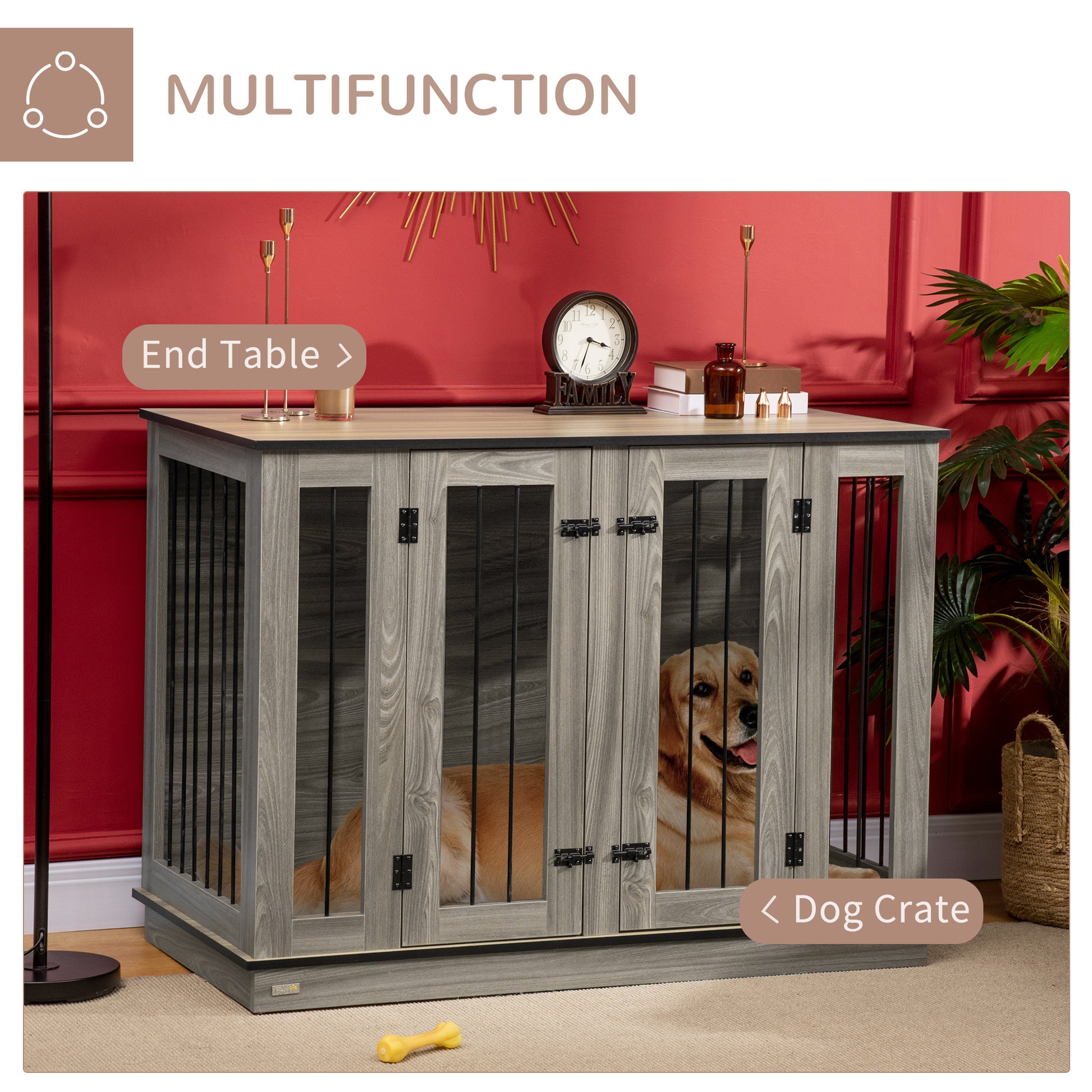 Large Furniture Style Dog Crate With Removable Panel Dark Walnut Natural Steel