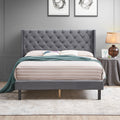 Velvet Button Tufted Upholstered Bed With Wings Design Strong Wood Slat Support Easy Assembly Gray, Queen, Platform Bed Gray Velvet