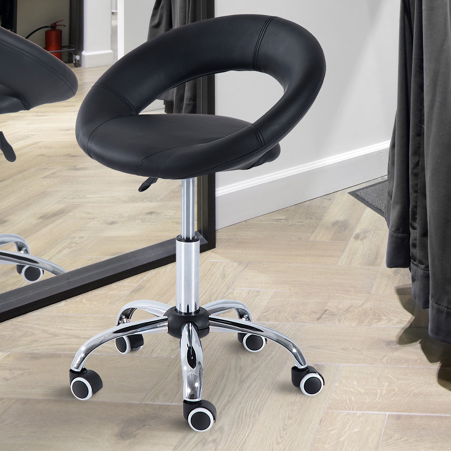 Crescent Rolling Salon Stool With Adjustable Height,Open Back, Foam Cushion Seat, And 5 Caster Wheels, Black Black Faux Leather