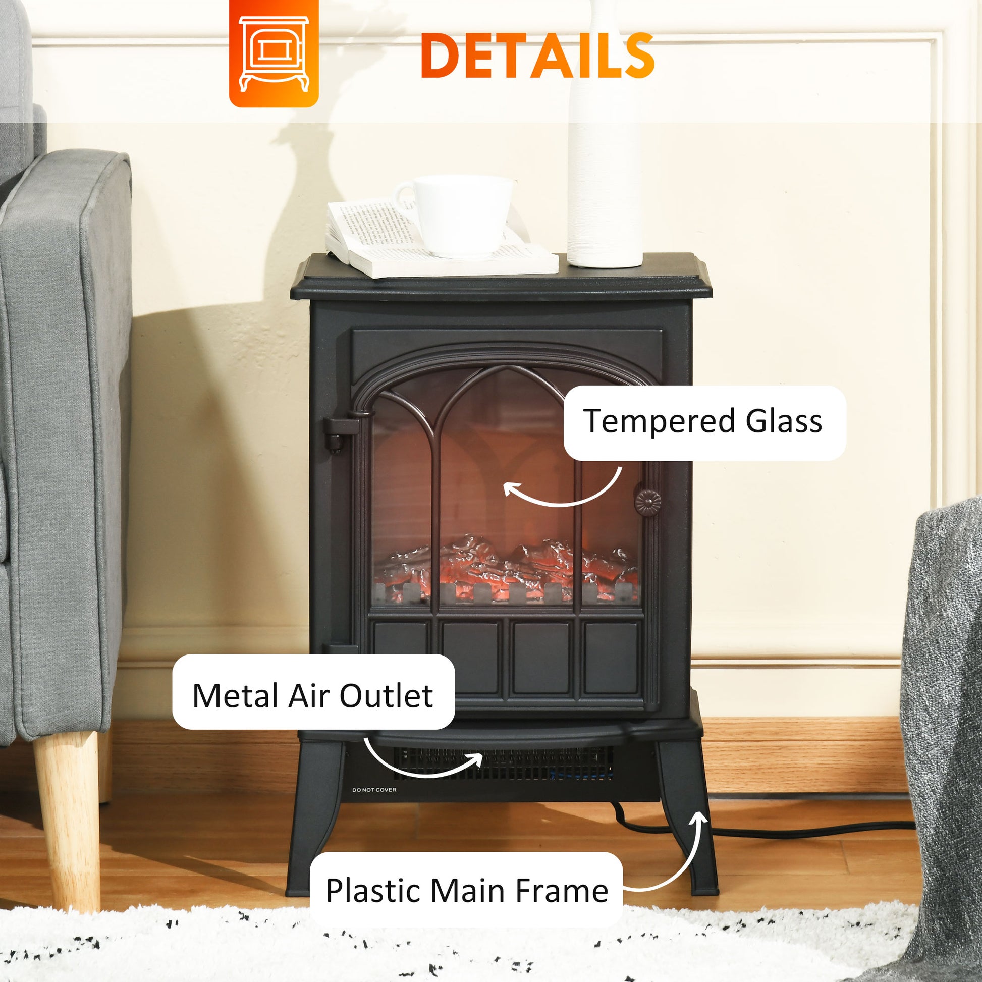 22" Electric Fireplace Stove, Freestanding Fire Place Heater With Realistic Logs And Led Flame, Adjustable Temperature, Overheat Protection, 750W 1500W, Black Black Steel