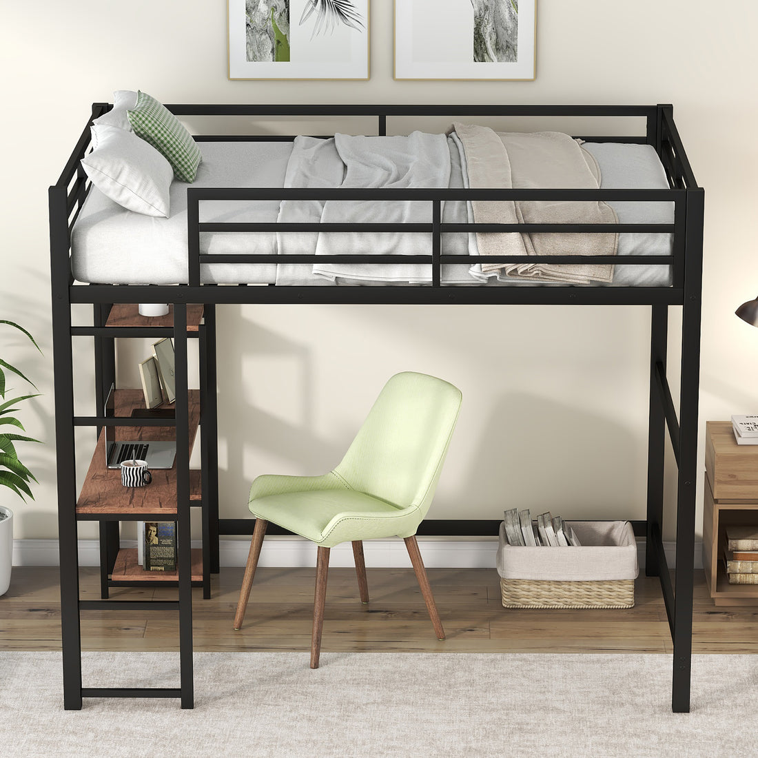 Full Size Metal Loft Bed With Built In Desk And Storage Shelves, Black Black Metal & Wood