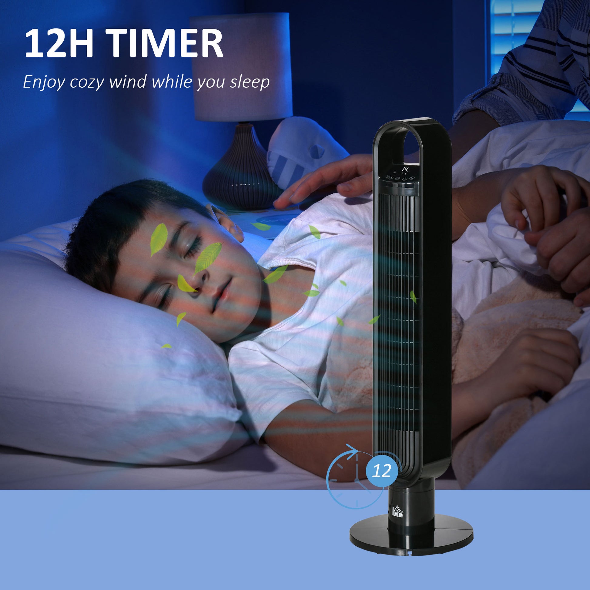 39.25" Tower Fan Cooling For Bedroom With 80 Oscillating, 3 Speed, 12H Timer, Led Sensor Panel, Remote Control, Handle, Black Black Abs