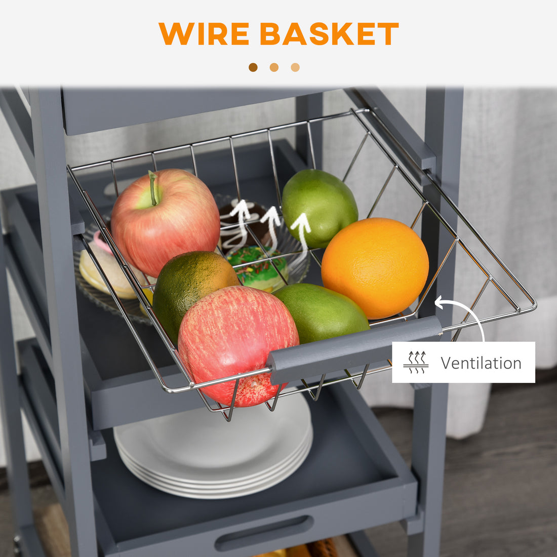 Mobile Rolling Kitchen Island Trolley Serving Cart With Underneath Drawer & Slide Out Wire Storage Basket, Grey Grey Mdf