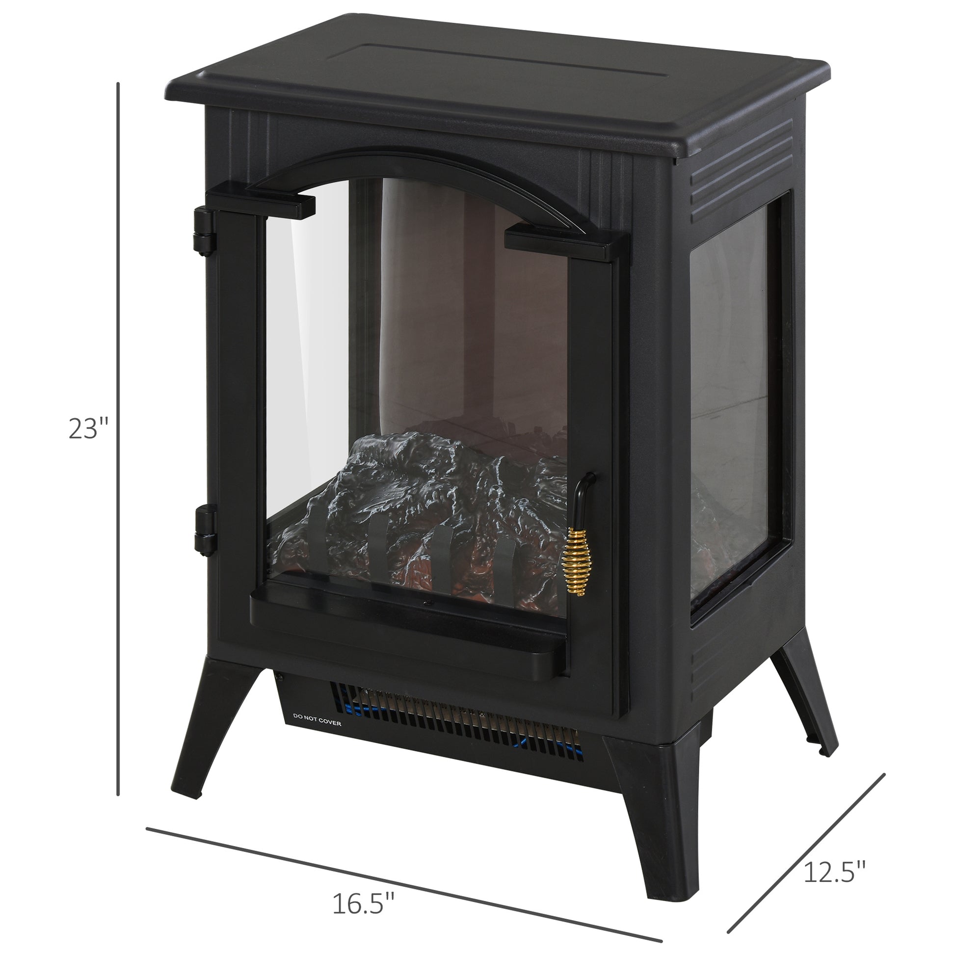 23" Electric Fireplace Heater, Fire Place Stove With Realistic Led Flames And Logs And Overheating Protection, 750W 1500W, Black Black Metal