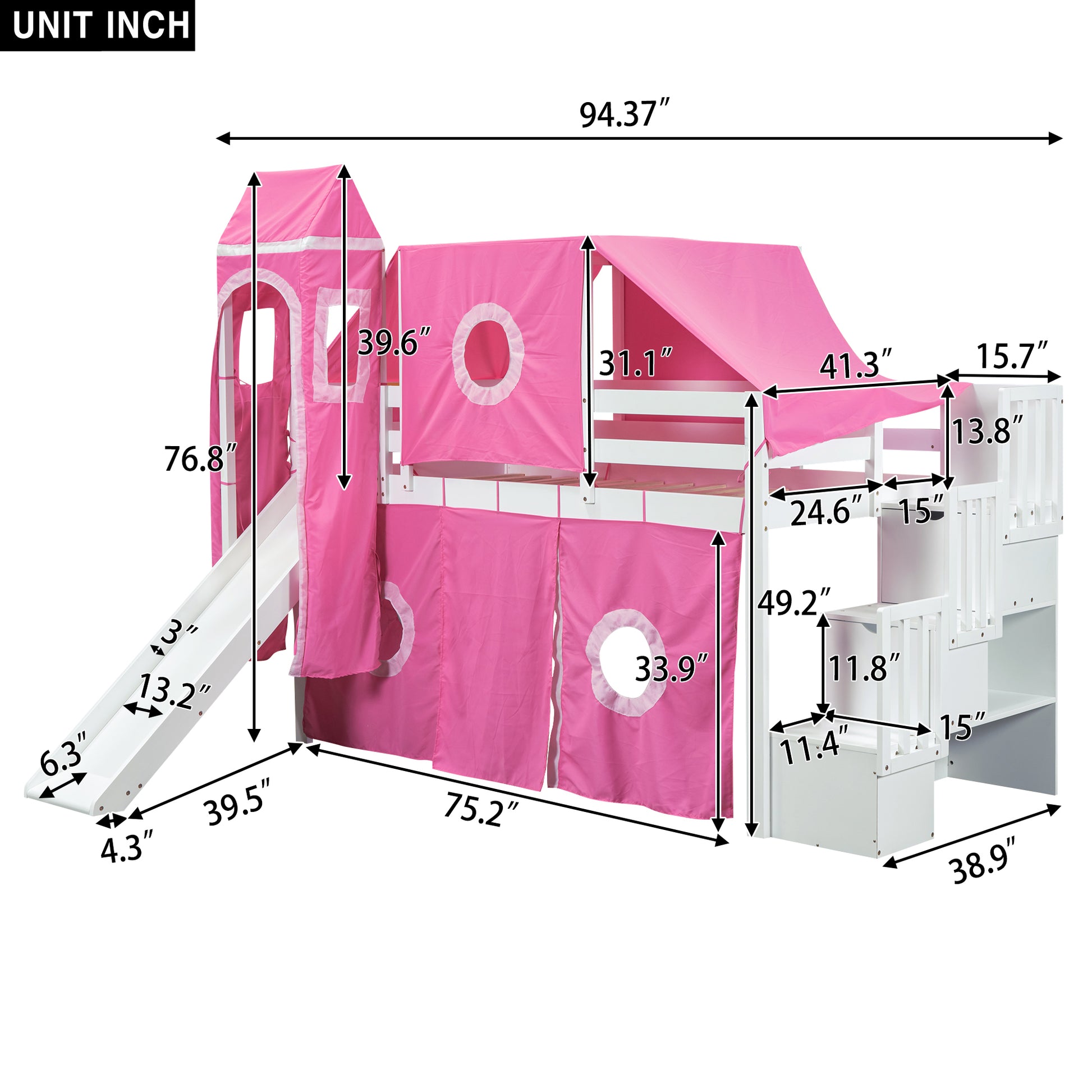 Twin Size Loft Bed With Tent And Tower Pink Pink Solid Wood