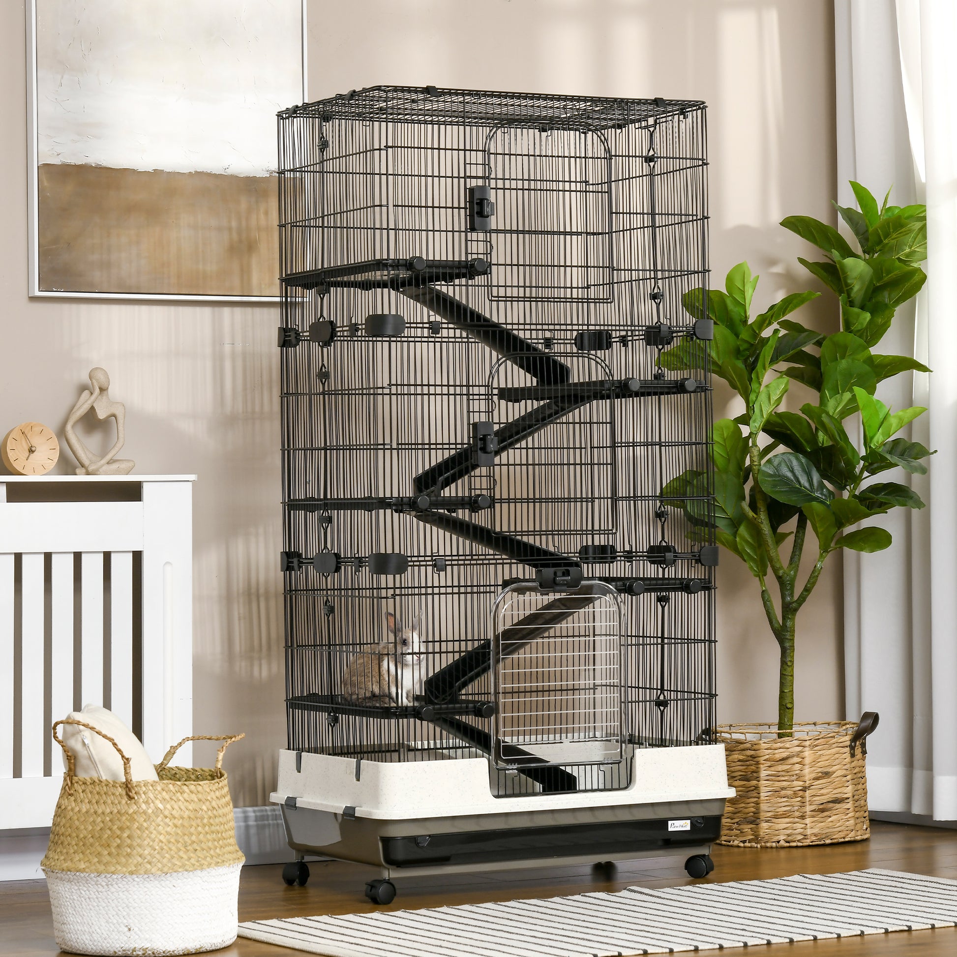 Small Animal Cage With Wheels, Portable Bunny Cage 6 Tier Black Steel